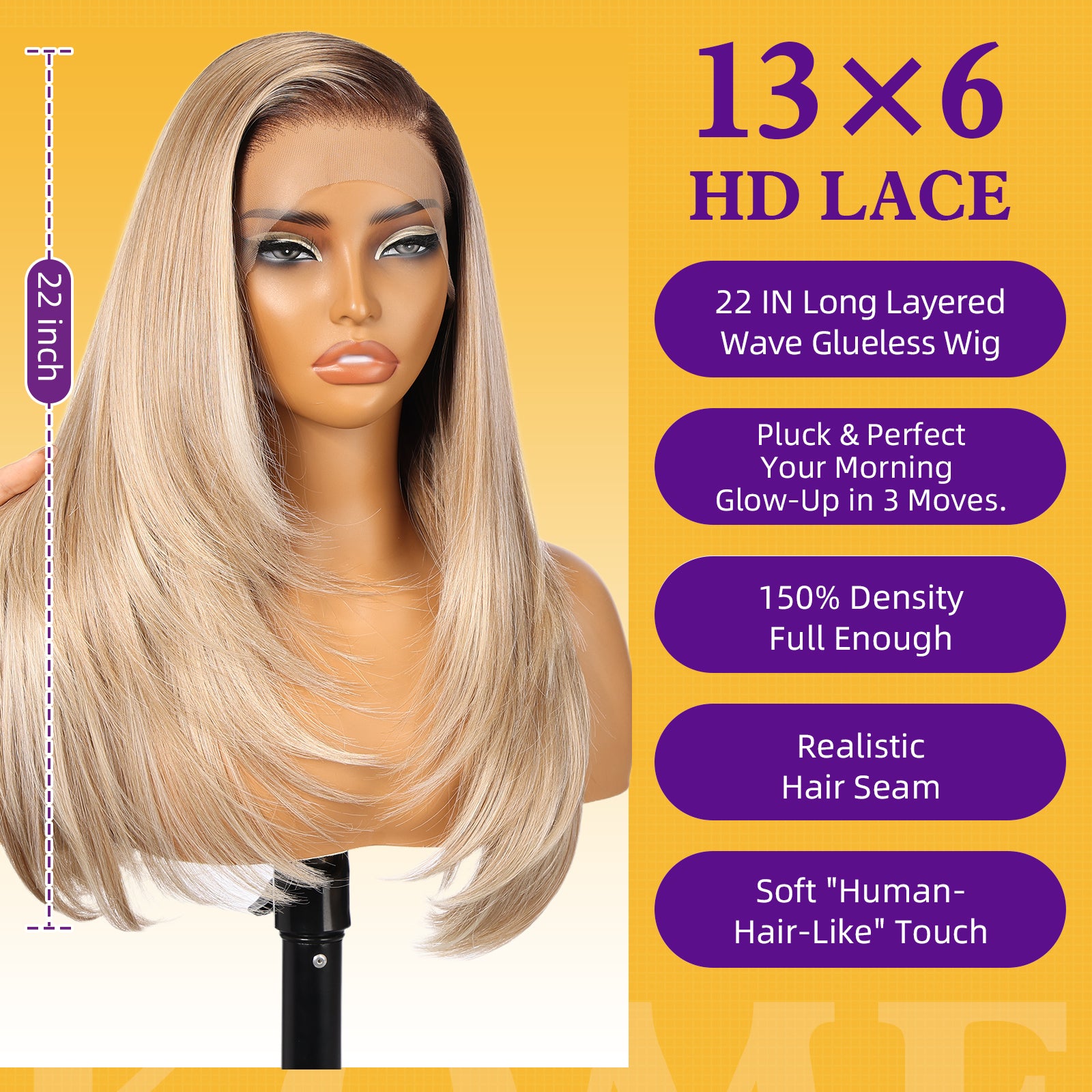 KOME Ash Blonde Synthetic Lace Front Wig, 13X6 Long Straight Layered Glueless Wigs for Women Daily Use 22IN(#TT6/1603)