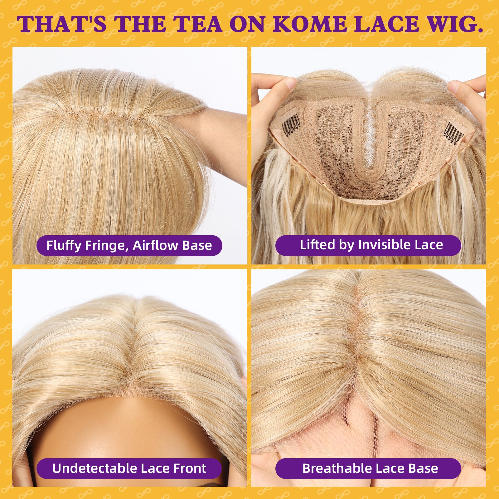 KOME Blonde Synthetic Lace Front Wig, T Part Glueless Layered Wavy Wigs With Bangs, Heat Resistant Wigs For Women Daily Party Use 26IN