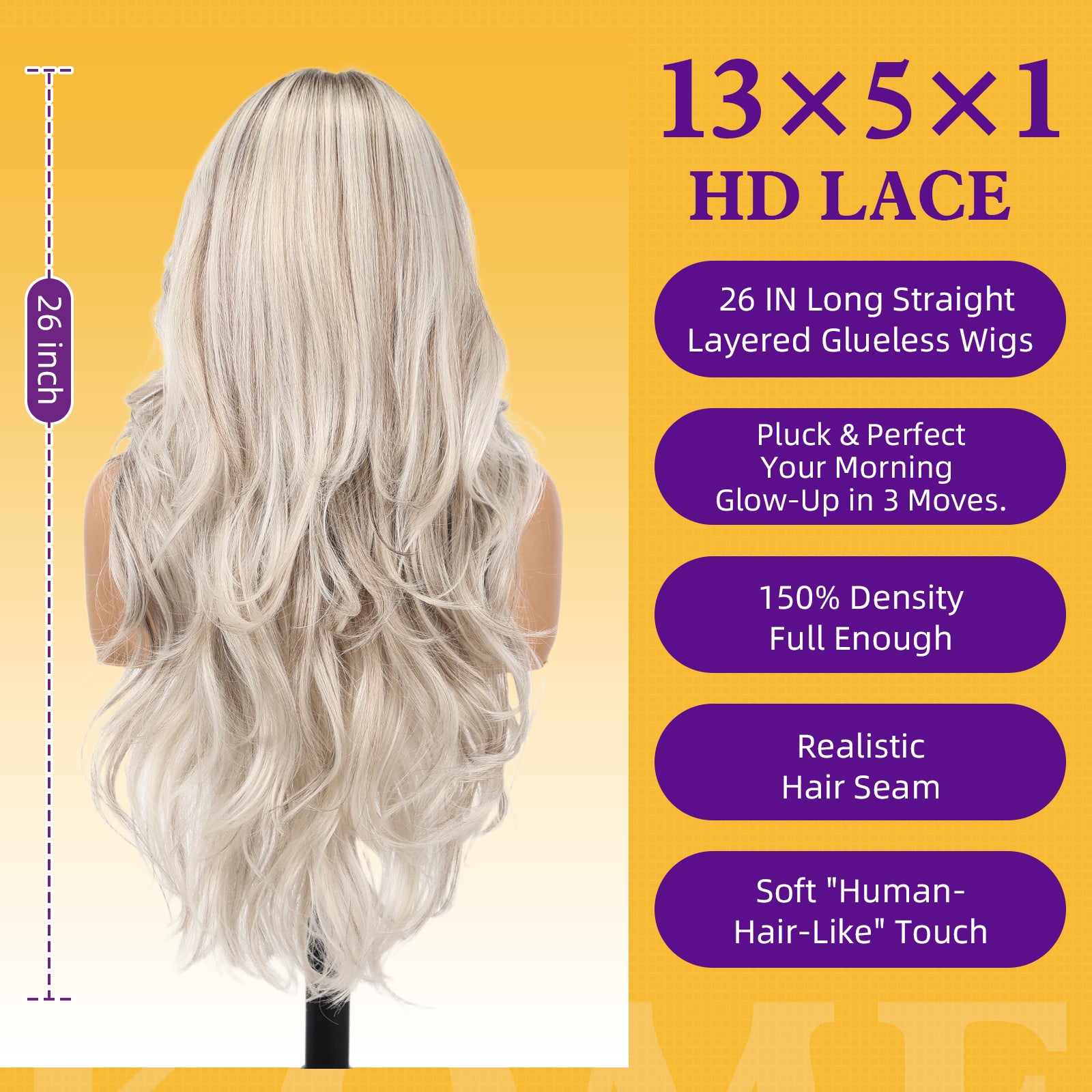 KOME Platinum Blonde Highlight Synthetic Lace Front Wig,13x4 HD Lace Light Grey Glueless Layered Bouncy Blowouts Wigs for Women Daily Use 26IN（#TT6/4603）