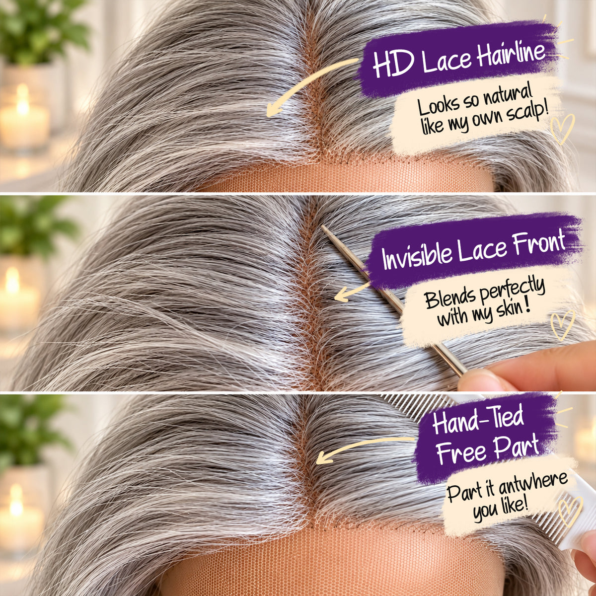 KOME Grey Synthetic Lace Front Wig,Shoulder Length Short Glueless Bob Wig,T Part Curly Lace Wigs for Women Daily Use 16IN (#261HL)
