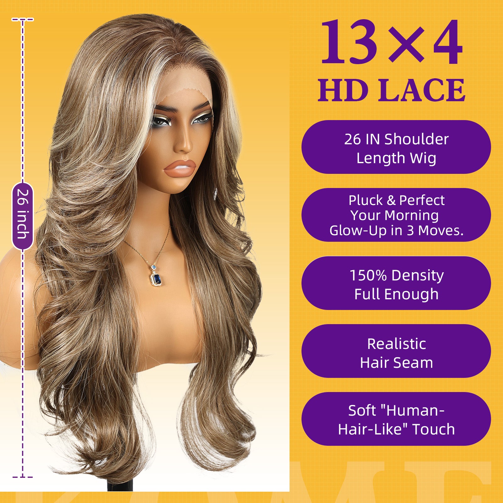 KOME Ash Brown Highlight Synthetic Lace Front Wig,13x4 HD Lace Layered Wave Glueless Wigs for Women Daily Use 26IN