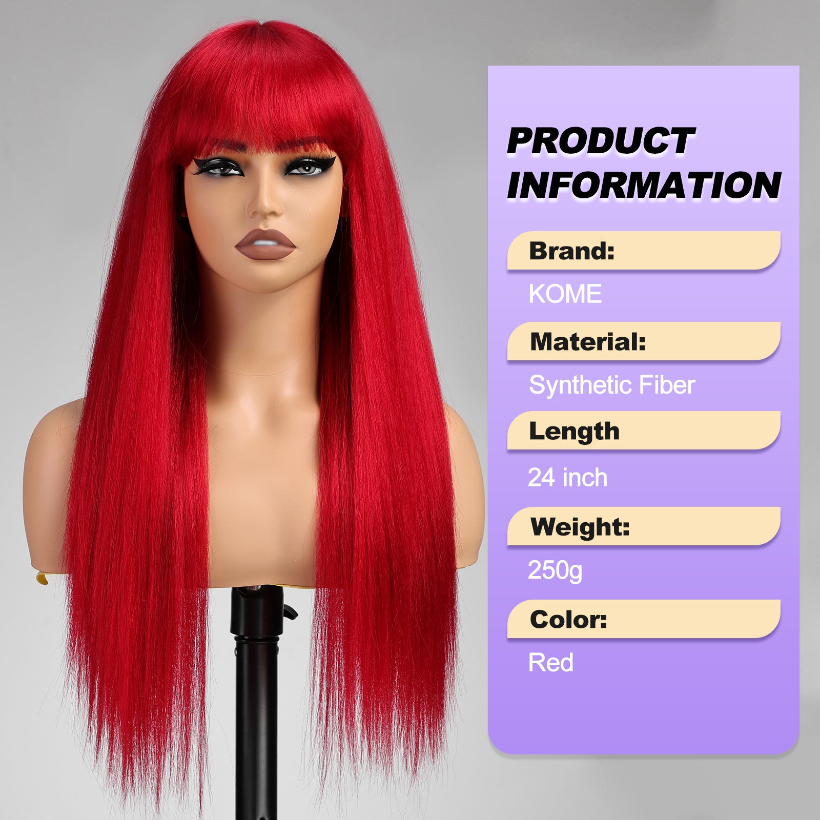 KOME Red Wigs for Women,Yaki Straight Glueless Synthetic Long Silk Natural Wig with Bangs Heat Resistant Fiber 26IN