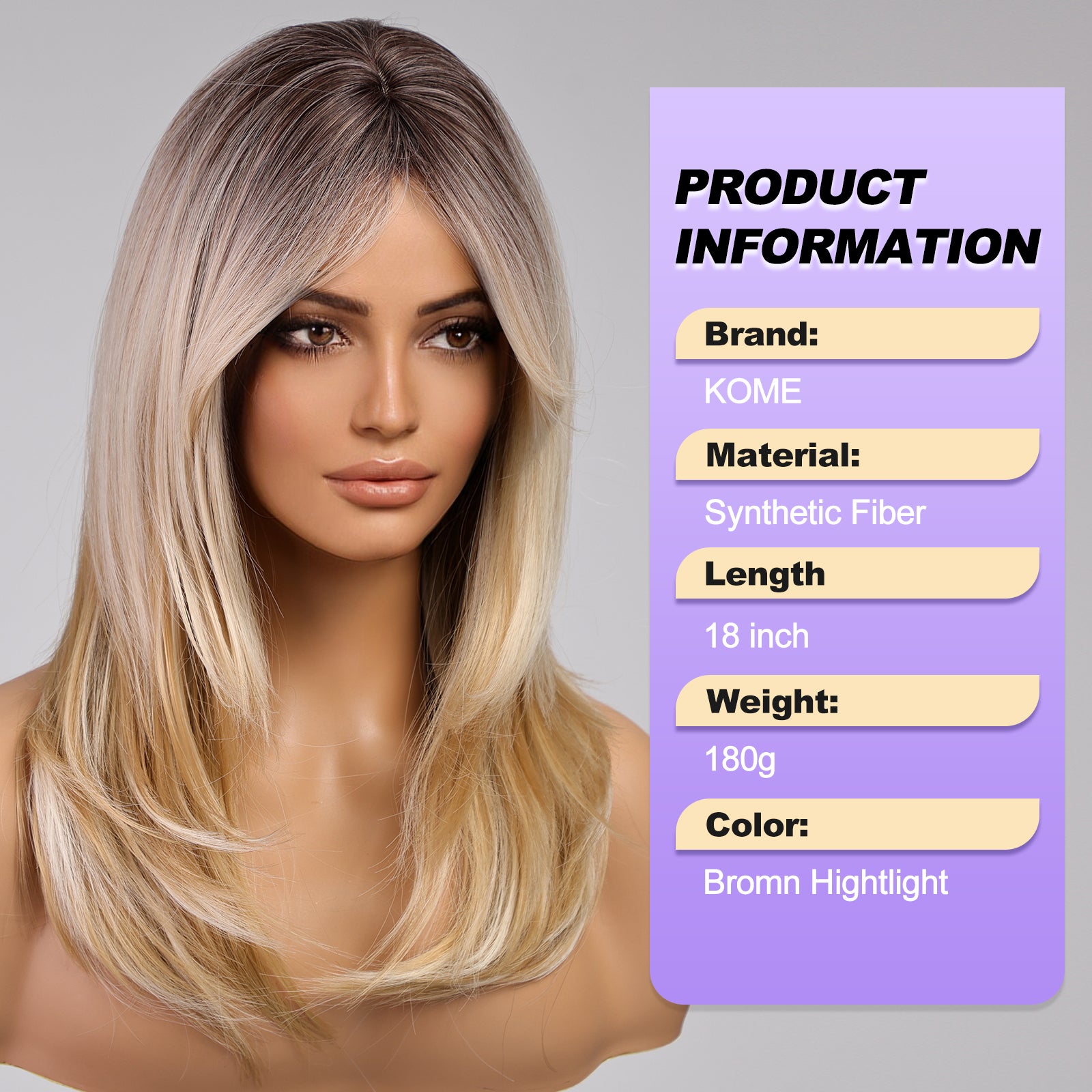 Blonde Wigs for Women layered Straight Wig with Curtain Bangs Natural Synthetic Hair with Dark Roots 18IN