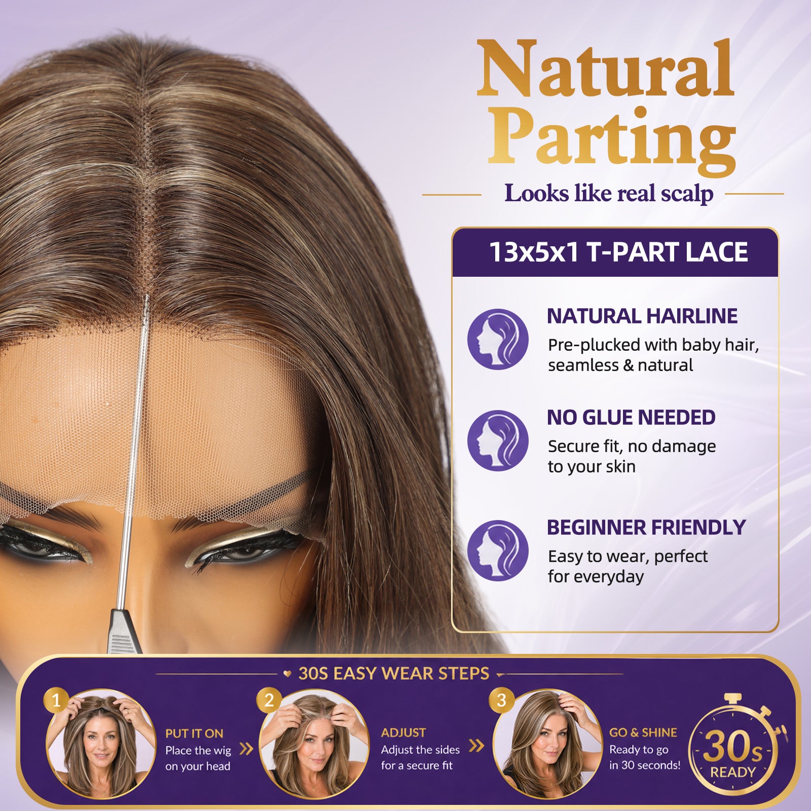 KOME Brown Human Hair Wig Blend,Brown Lace Front Wig, T Part Glueless Wigs for Women Daily Use 18IN（#F43/12）