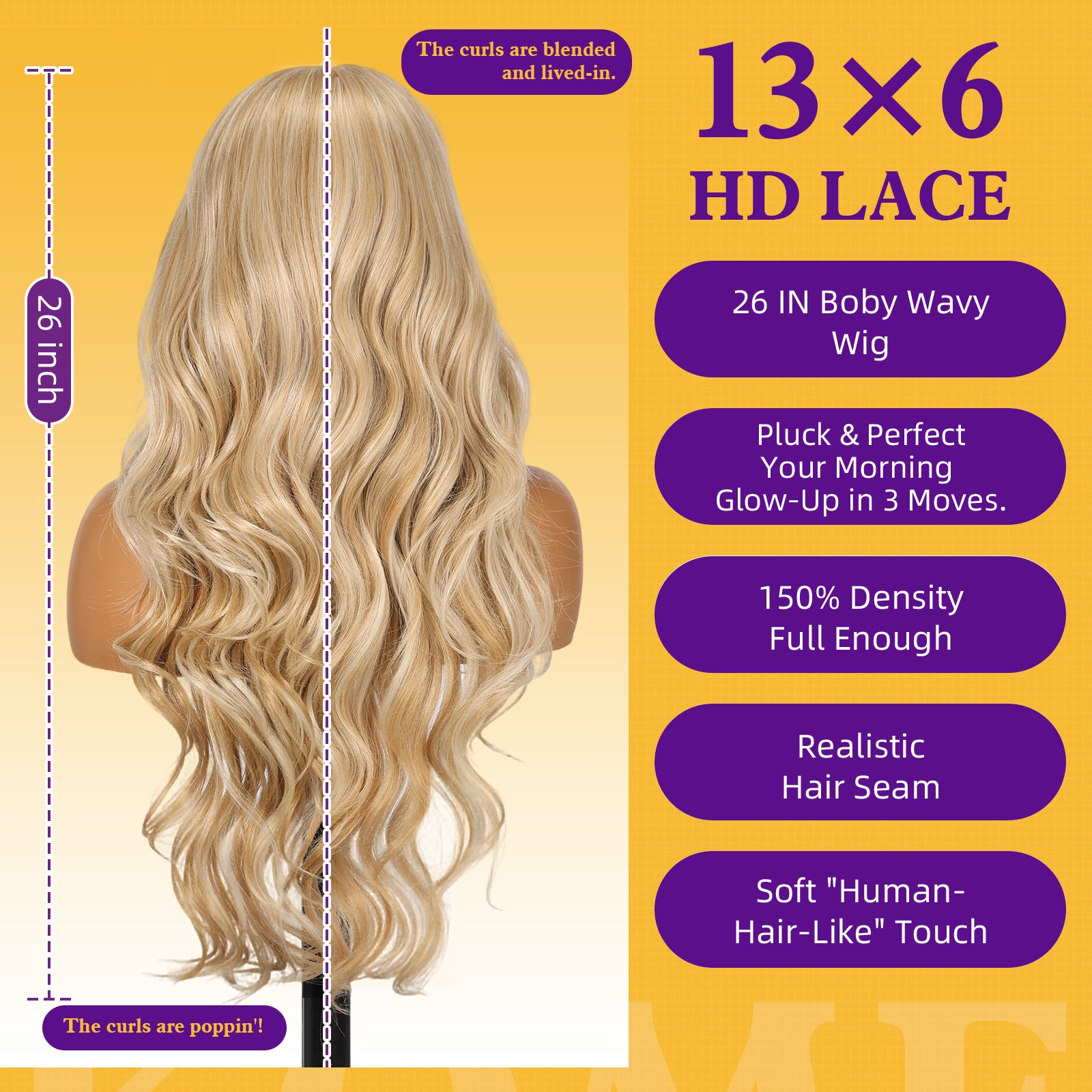 Blonde Synthetic Lace Front Wig,13×6 Curly Glueless Wigs for Women Daily Use 26IN（#K16B88）