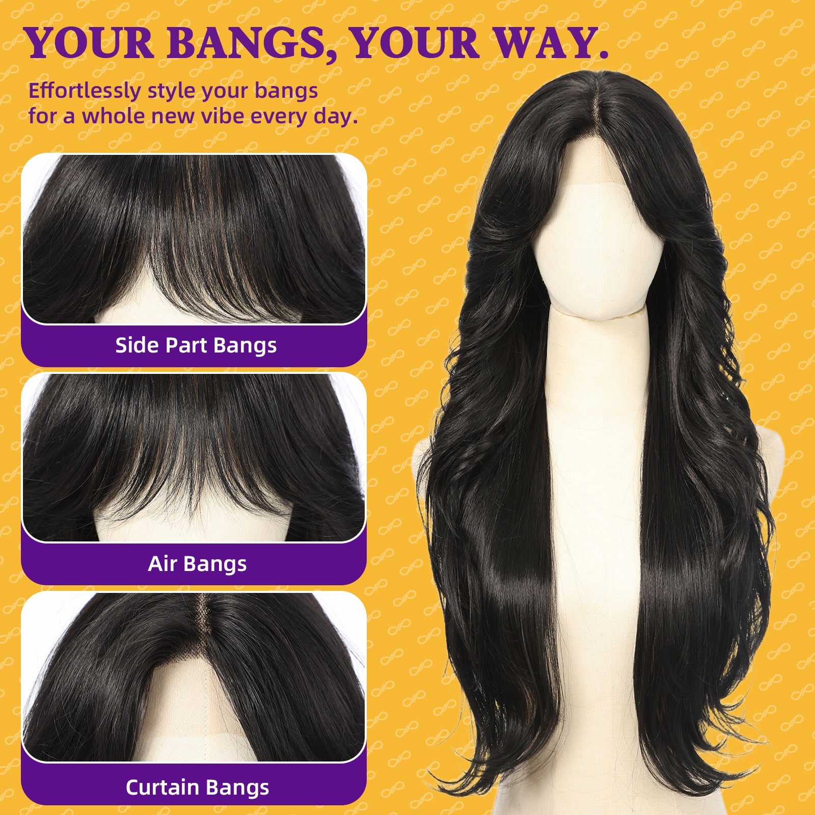 KOME Black Synthetic Lace Front Wig, T Part Glueless Layered Wavy Wigs With Bangs, Heat Resistant Wigs For Women Daily Party Use 26IN