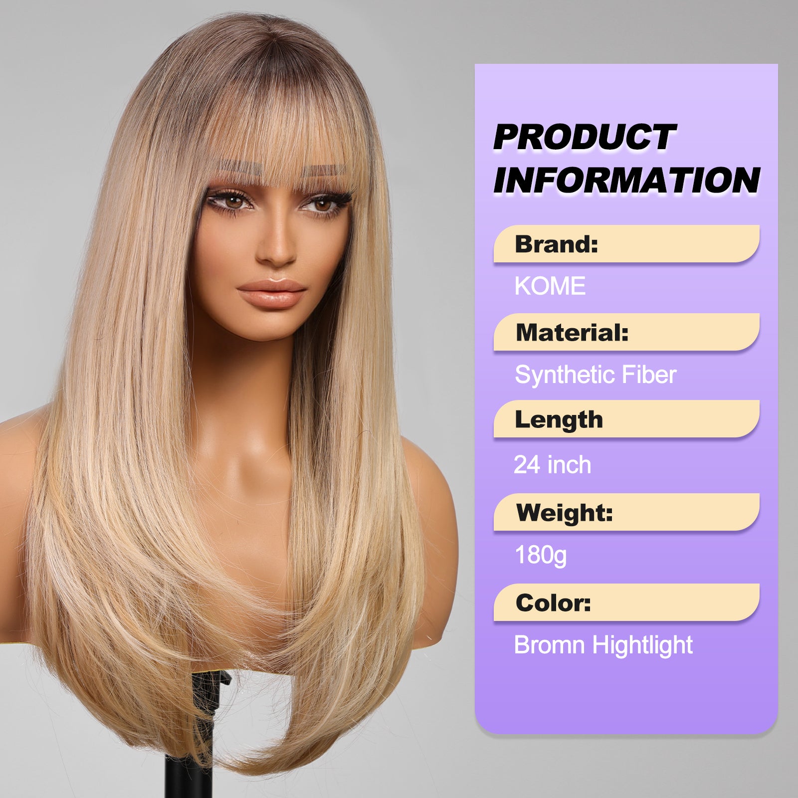 Ombre Blonde Long Layered Wig with Bangs,Straight Hair Wigs for Women,Synthetic Heat Resistant Natural Looking Hair Wig for Party Cosplay Dality Use