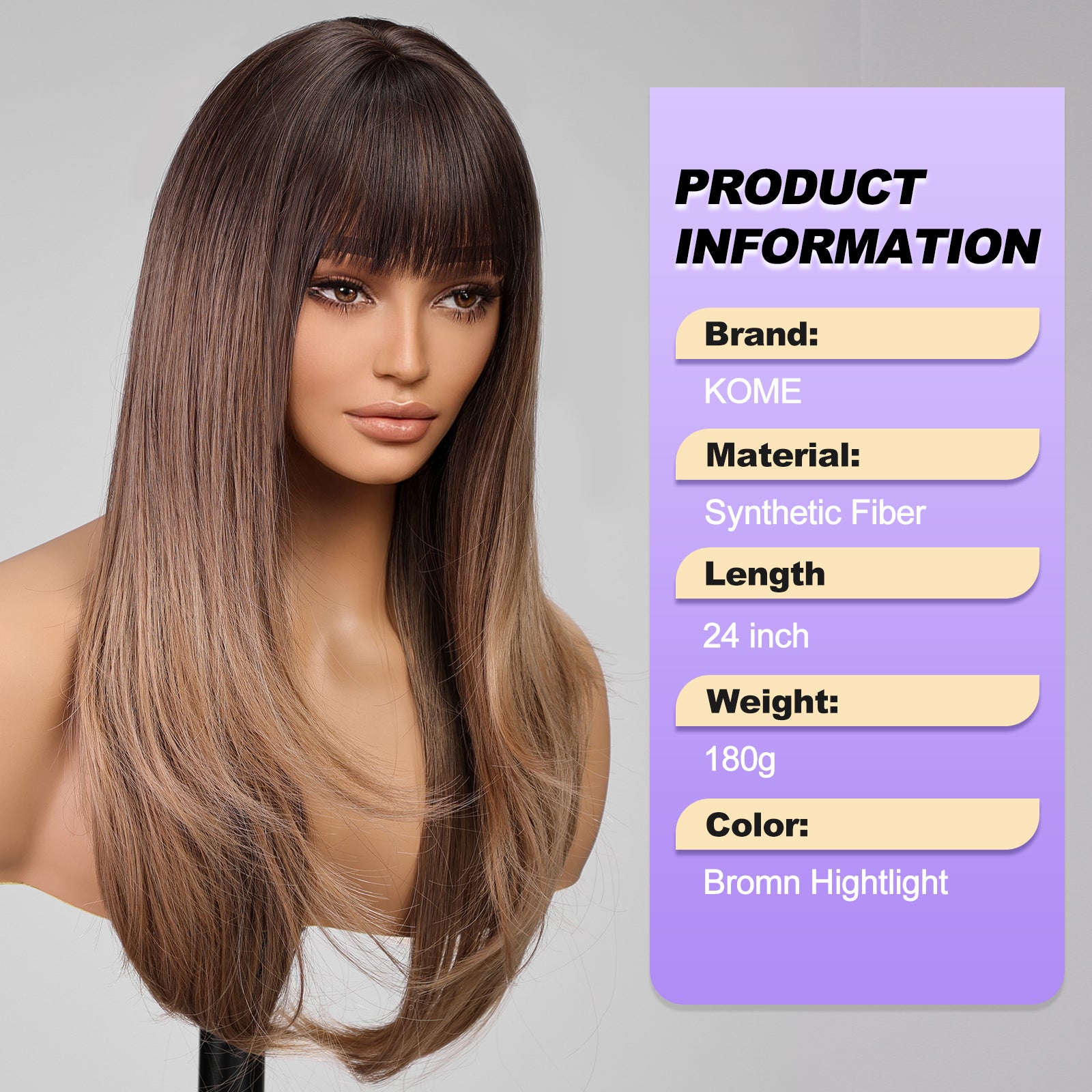 Ombre Brown Long Layered Wig with Bangs,Straight Hair Wigs for Women,Synthetic Heat Resistant Natural Looking Hair Wig for Party Cosplay Dality Use