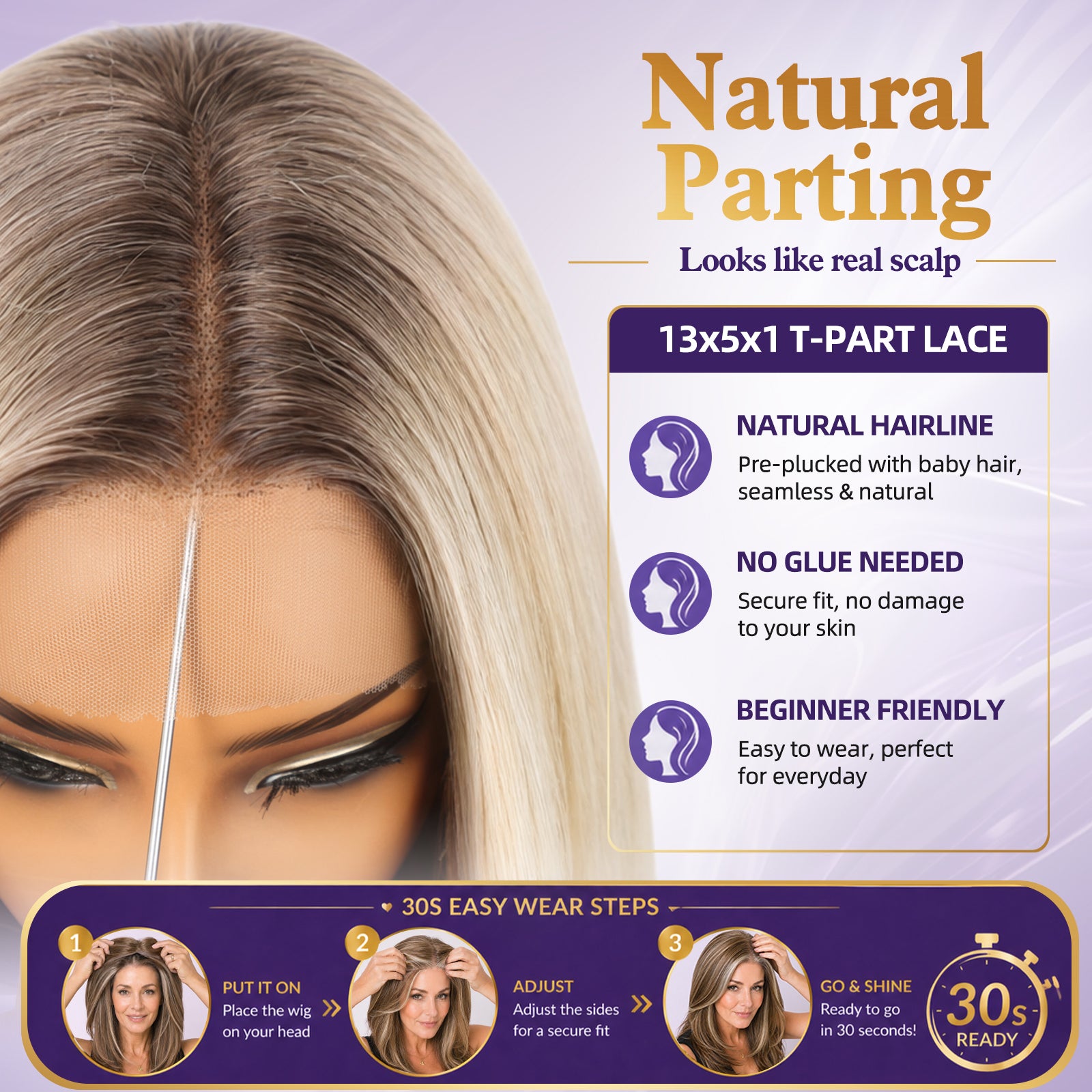 KOME Light Blonde Human Hair Wig Blend,Light Blonde Lace Front Wig, T Part Glueless Wigs for Women Daily Use 18IN（#TT4/6621）