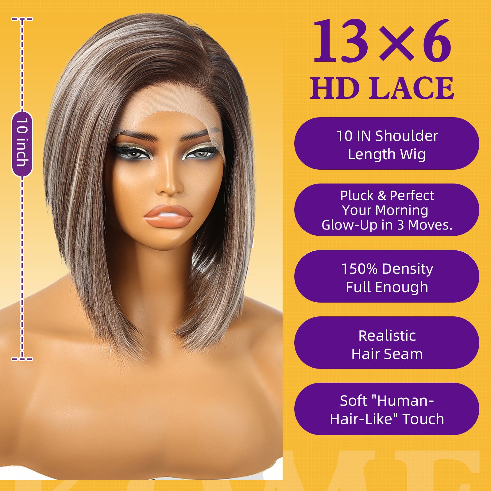 KOME Ash Brown Synthetic Lace Front Wig,13×6 Short Straight Glueless Bob Wig for White Women Daily Use 10IN（TTF4/606）