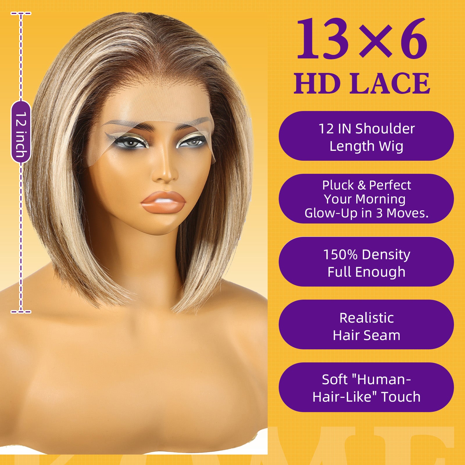 KOME Ash Blonde Highlight Synthetic Lace Front Wig,13×6 HD Short Straight Glueless Bob Wig for White Women Daily Use 12IN（#TT6/166）