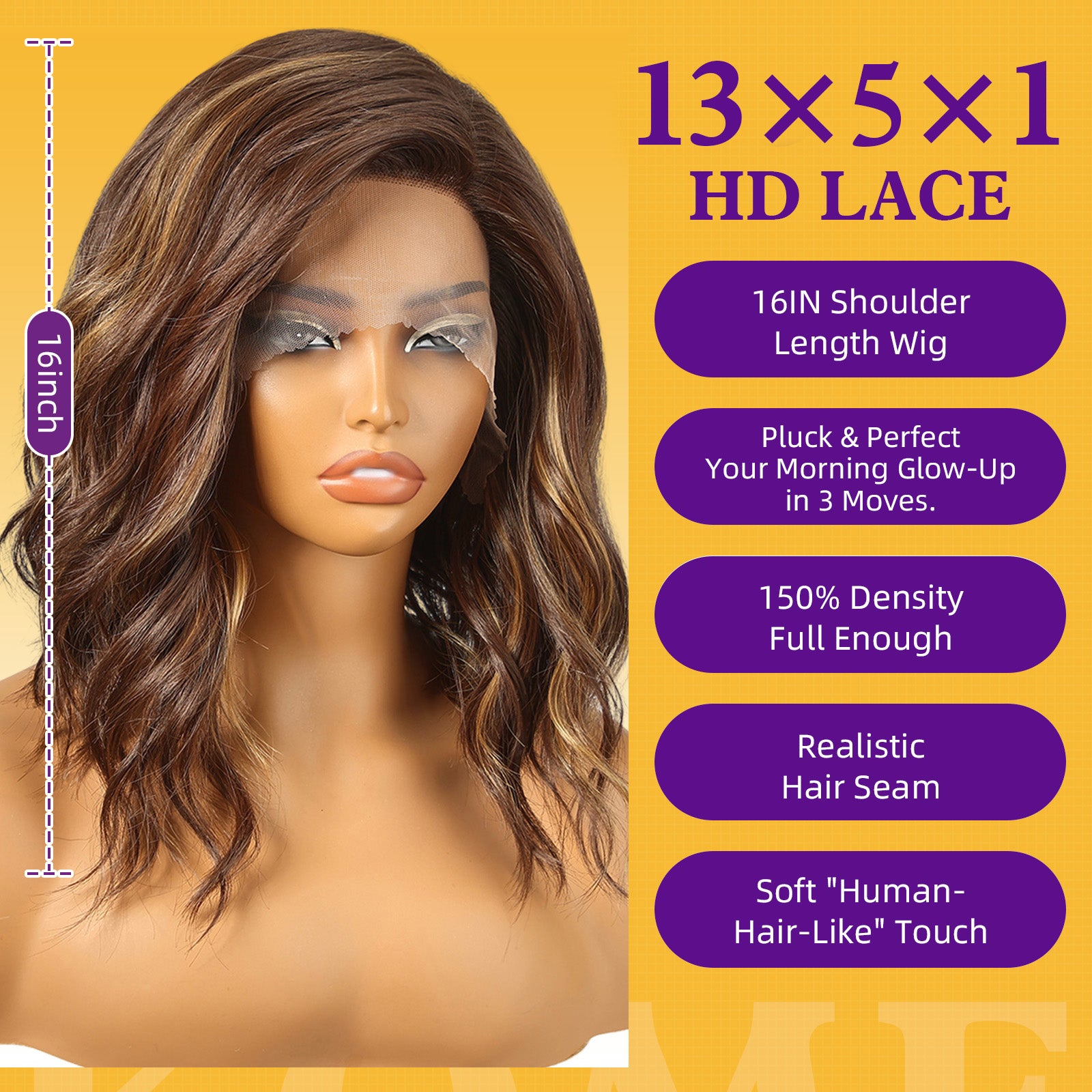 KOME Brown Highlight Synthetic Lace Front Wig,Short Curly Bob Wig,Shoulder Length Wig for Women Daily Use 14IN