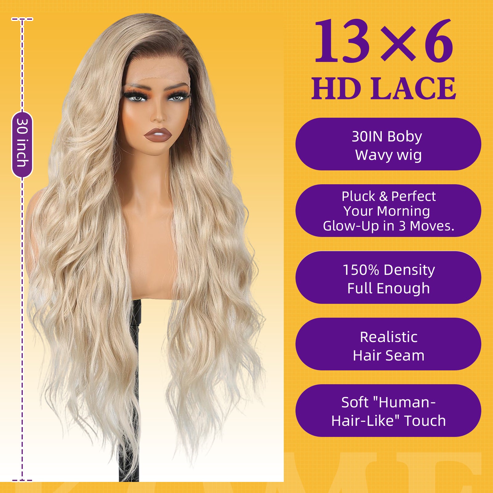 Ombre Light Blonde Synthetic Lace Front Wig,13×6 Curly Glueless Wigs for Women Daily Use 30IN