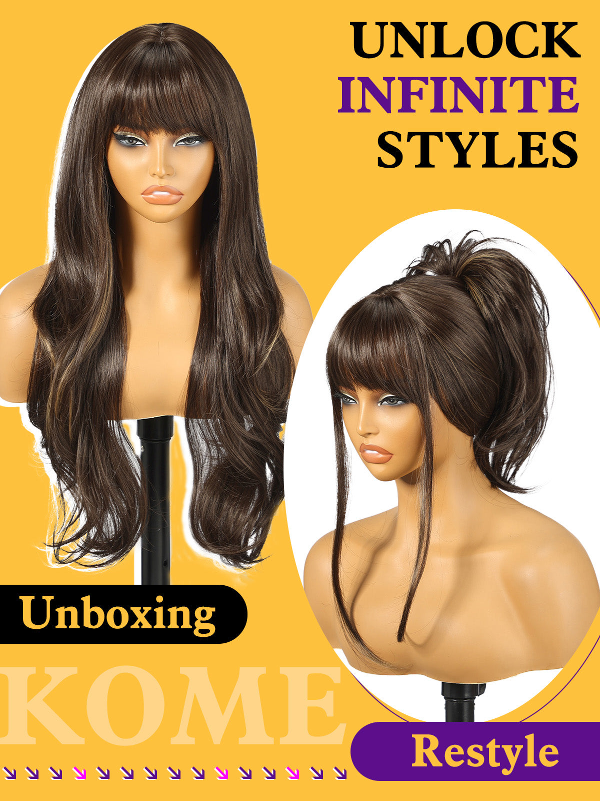 Brown Highlight Wigs with Bangs,Light Brown Highlight Layered Wig for Women,Long Wavy Wigs Synthetic Hair Wig for Party Daily Use 26IN