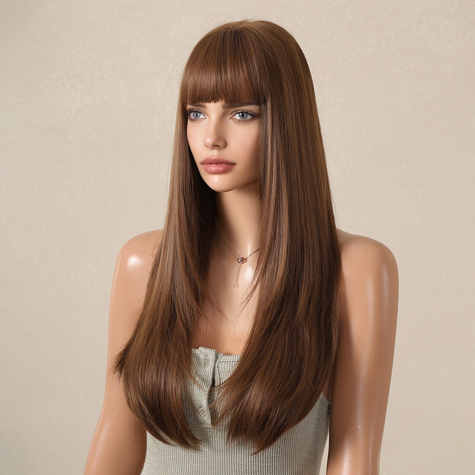 KOME Brown Long Layered Wig with Bangs,Natural Brown Straight Hair Wigs for Women,Synthetic Heat Resistant Natural Looking Hair Wig for Party Cosplay Dality Use