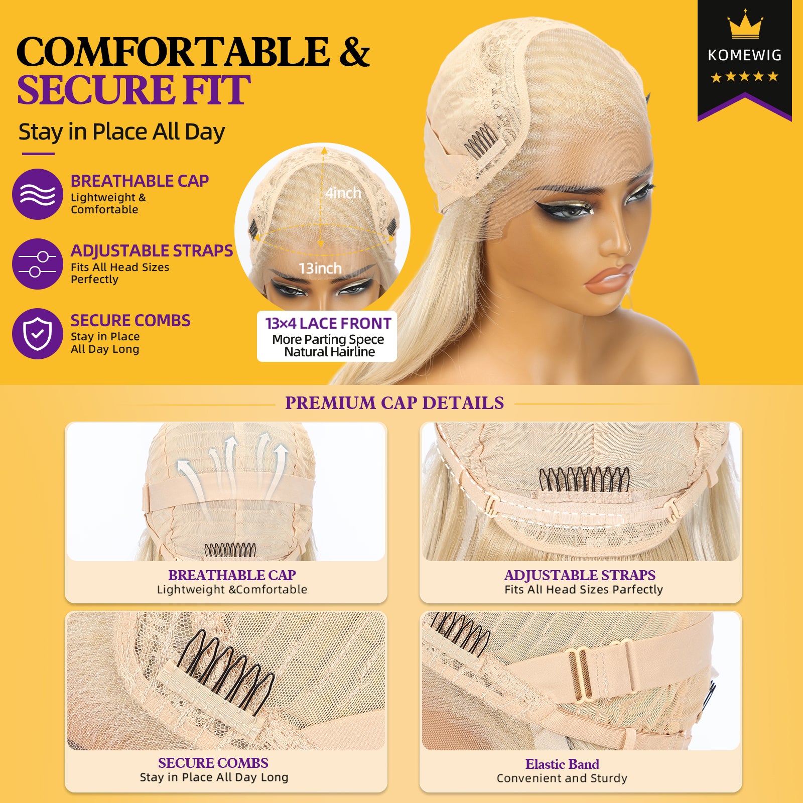 KOME Blonde Synthetic Lace Front Wig, 13X4 HD Lace Glueless Long Layered Straight Wigs for Women Daily Use 20IN （#K16B88）