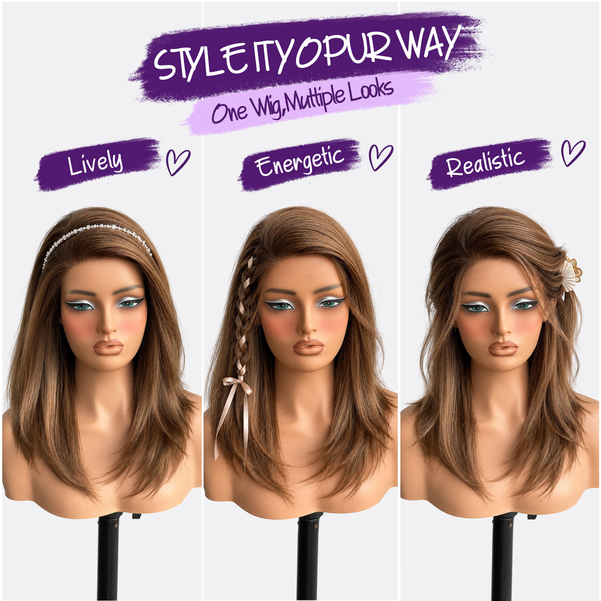 KOME Brown Layered Straight 13x6 Synthetic Lace Front Wig for Women 16IN