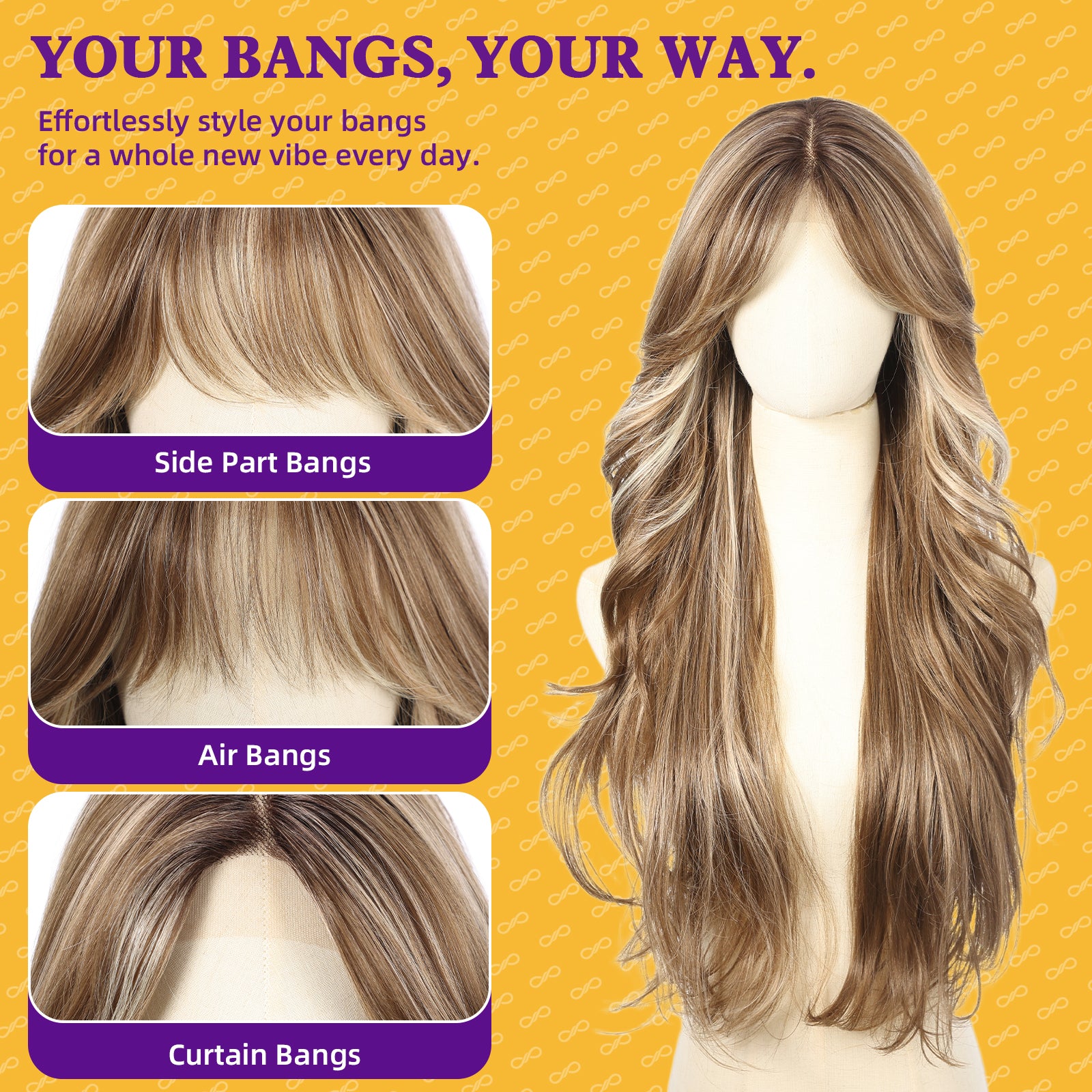 KOME Ash Brown Highlight Synthetic Lace Front Wig,T Part Glueless Layered Wavy Wigs With Bangs, Heat Resistant Wigs For Women Daily Party Use 26IN