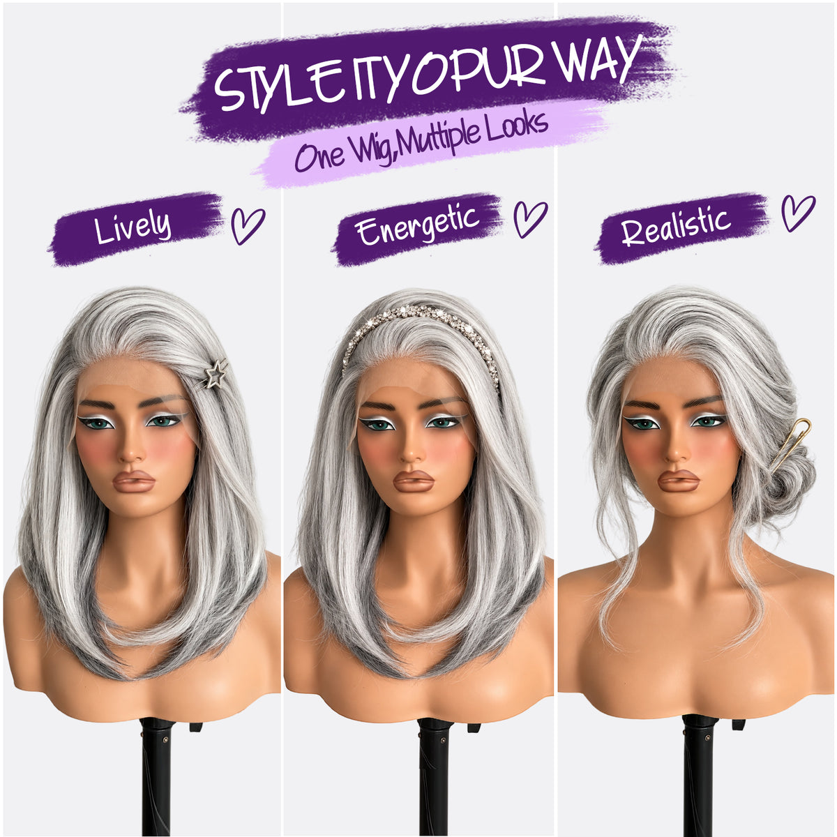 KOME Grey Layered Straight 13x6 Synthetic Lace Front Wig for Women 16IN