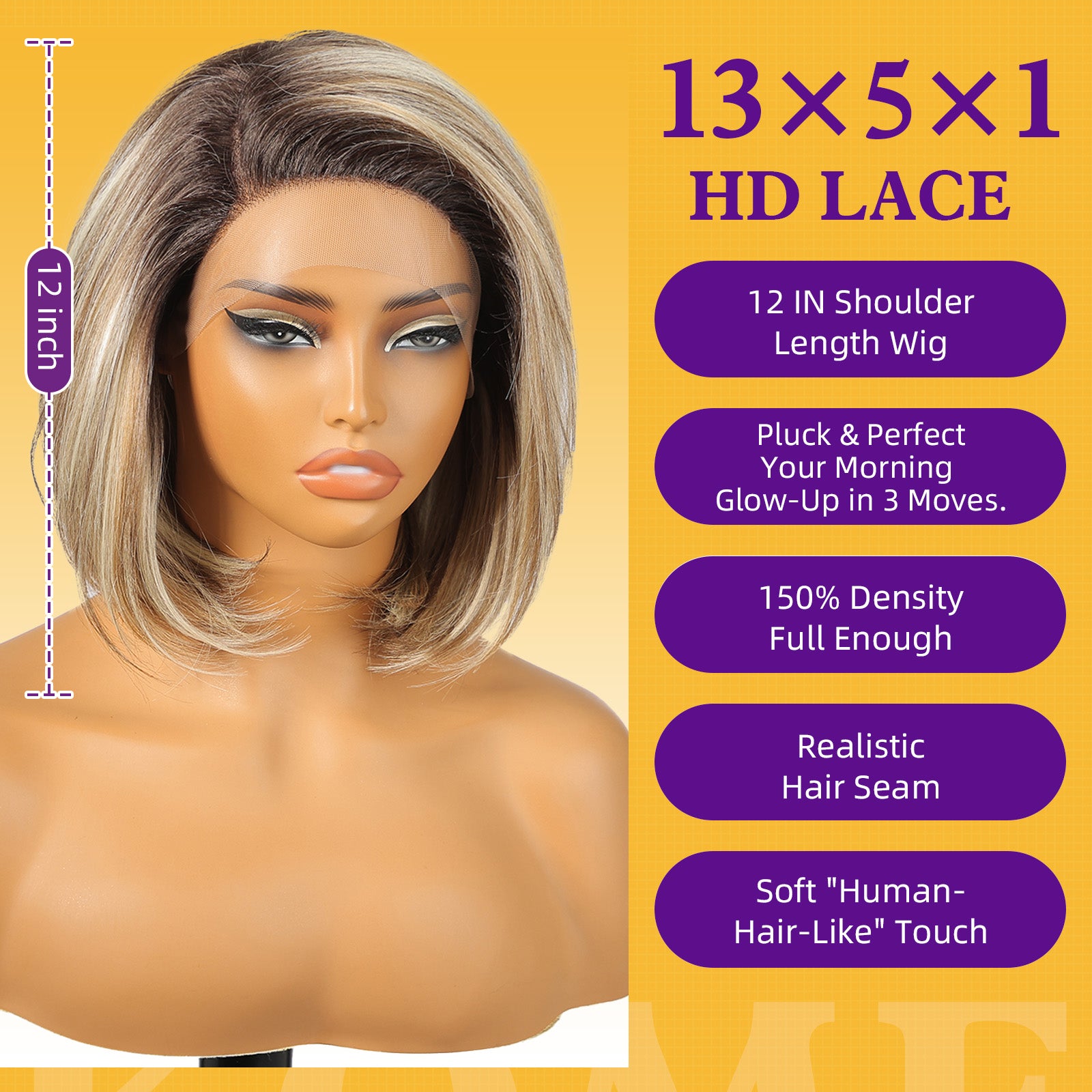 KOME Ash Blonde Synthetic Lace Front Wig,Side Part Short Straight Glueless Bob Wig for White Women Daily Use 12IN (#TT891A)