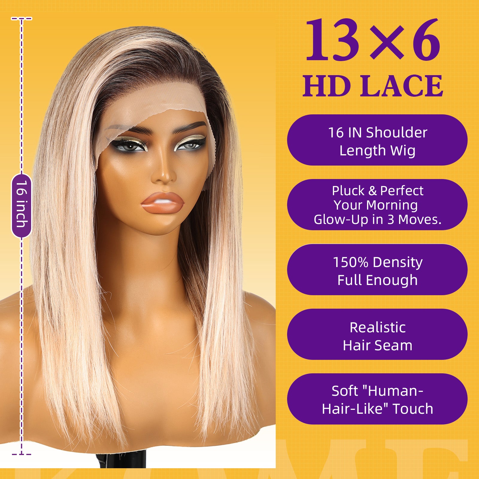 KOME Ombre Blonde Synthetic Lace Front Wig, Shoulder Length 13x6 HD Lace Layered Straight Glueless Wigs for Women Daily Use 16IN