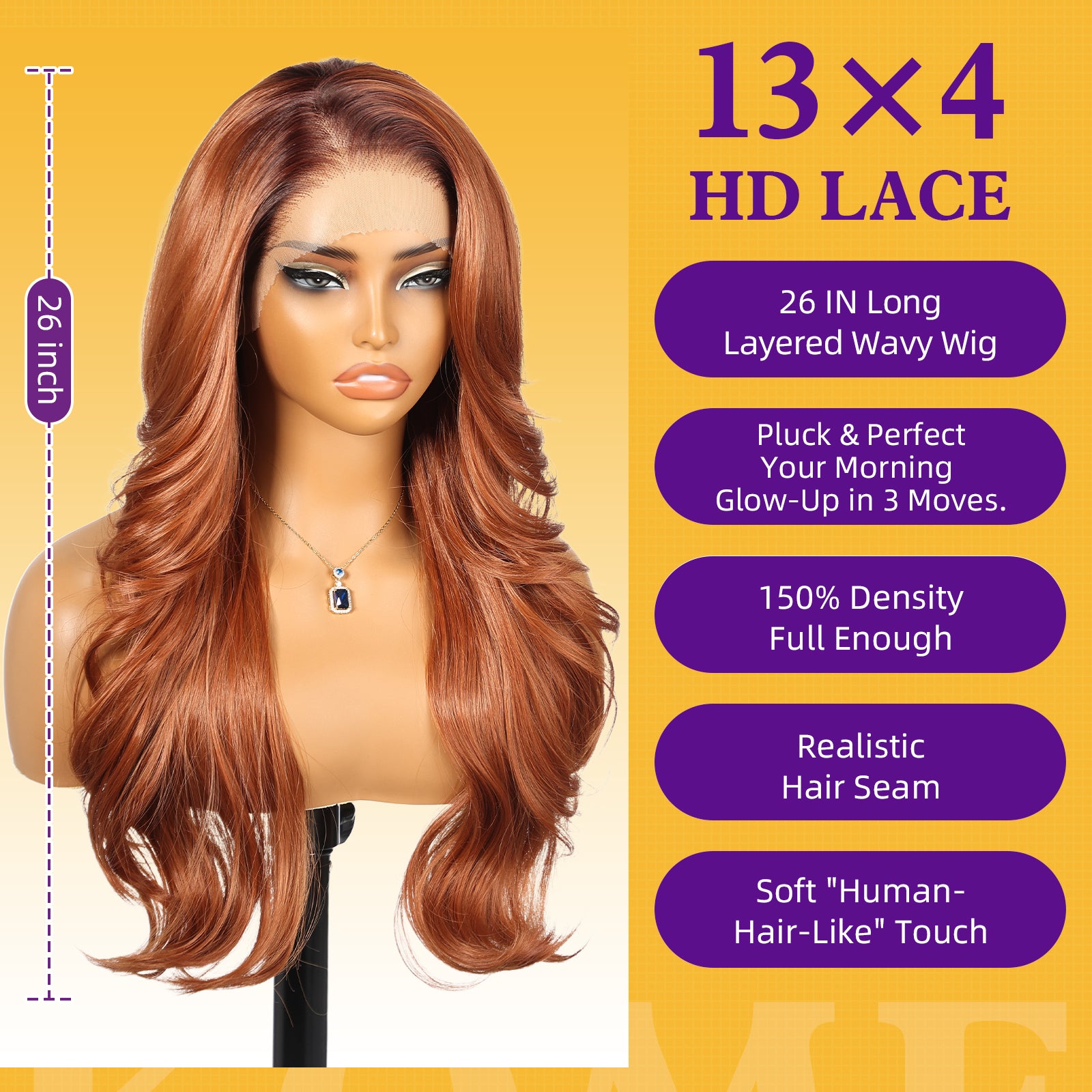 Auburn Synthetic Lace Front Wig,13x4 HD Lace Layered Ginger Glueless Wigs for Women Daily Use 26IN
