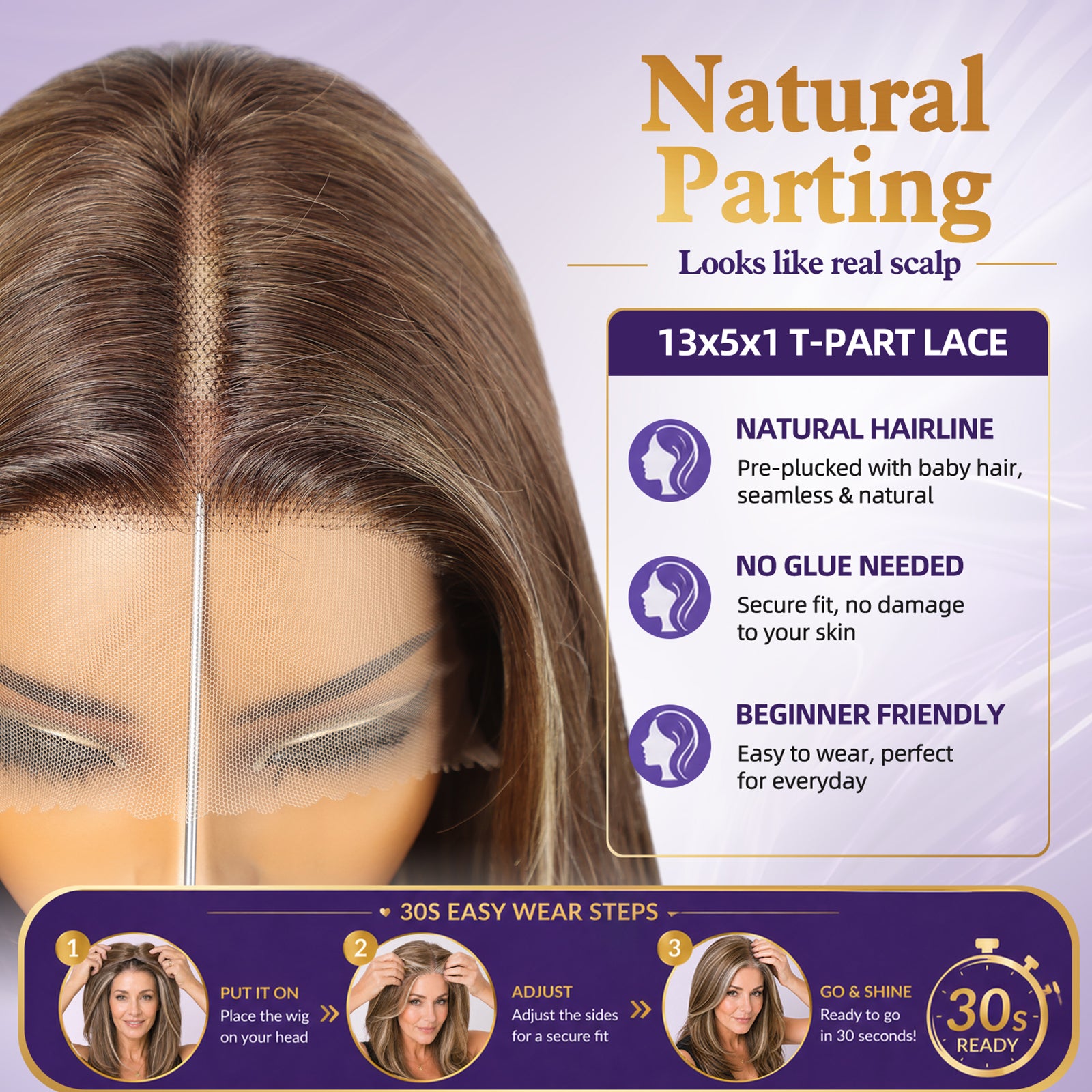 KOME Brown Highlight Human Hair Wig Blend,Brown Highlight Lace Front Wig, T Part Glueless Wigs for Women Daily Use 18IN（#TT6/1665）