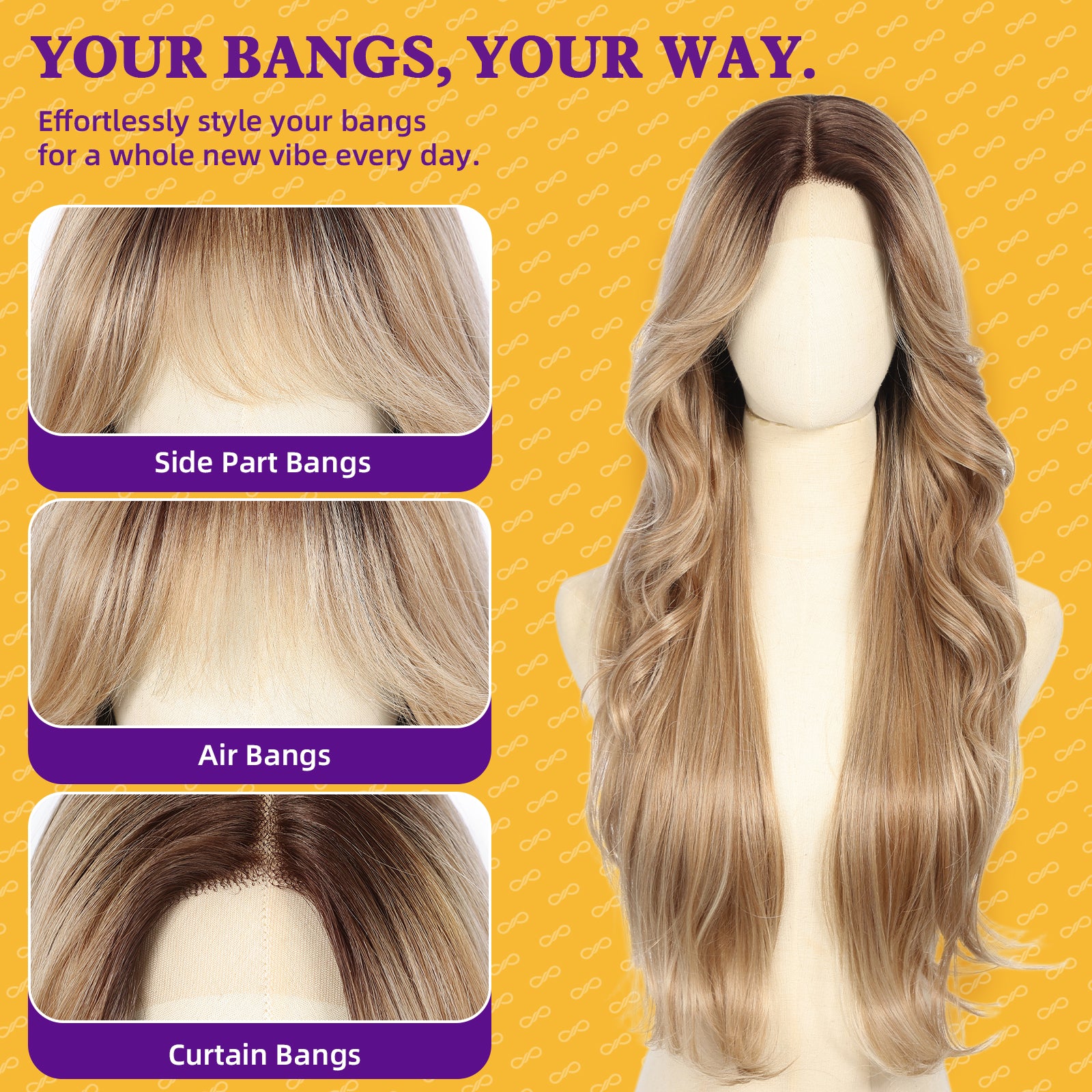 KOME Dirty Blonde Synthetic Lace Front Wig,T Part Glueless Layered Wavy Wigs With Bangs, Heat Resistant Wigs For Women Daily Party Use 26IN