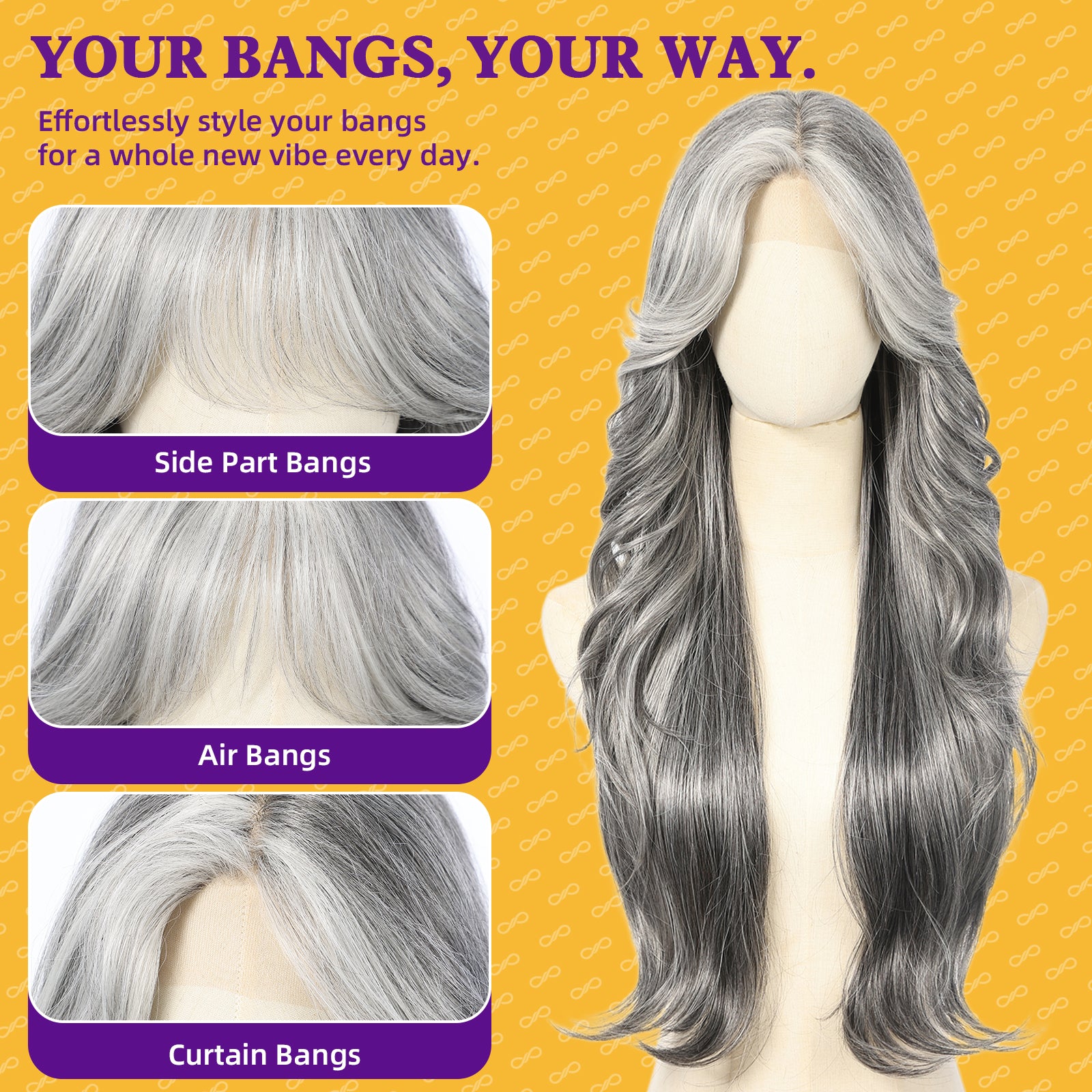 KOME Grey Synthetic Lace Front Wig, T Part Glueless Layered Wavy Wigs With Bangs, Heat Resistant Wigs For Women Daily Party Use 26IN