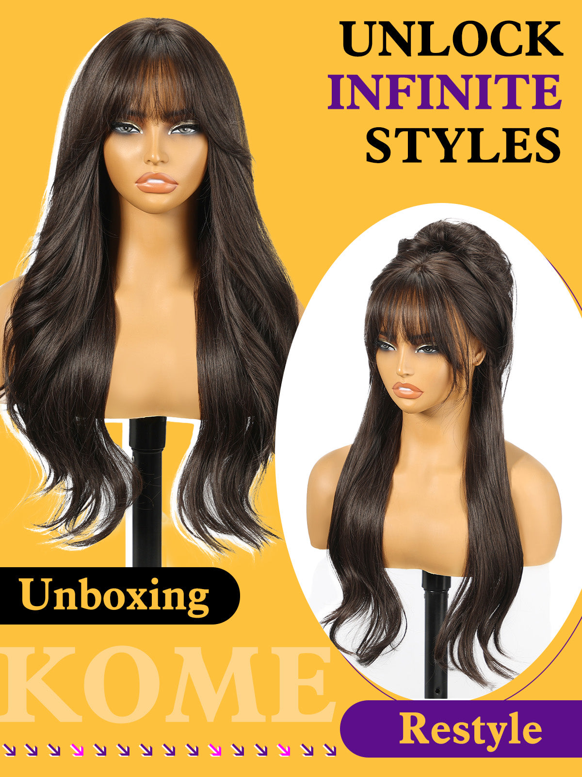 KOME Black Brown Wigs with Bangs, Brown Long Wavy Synthetic Hair Wig for Women, 24IN