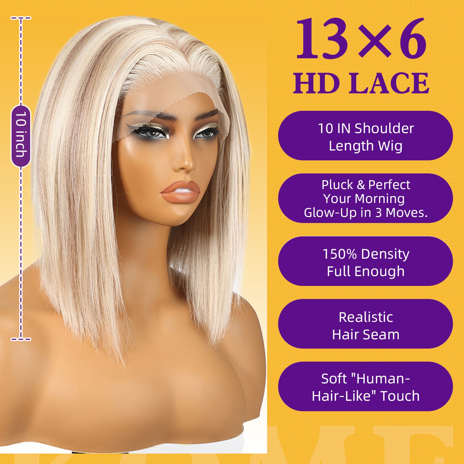 KOME Blonde Synthetic Lace Front Wig,13×6 Short Straight Glueless Bob Wigs for White Women Daily Use 10IN（#FDML）