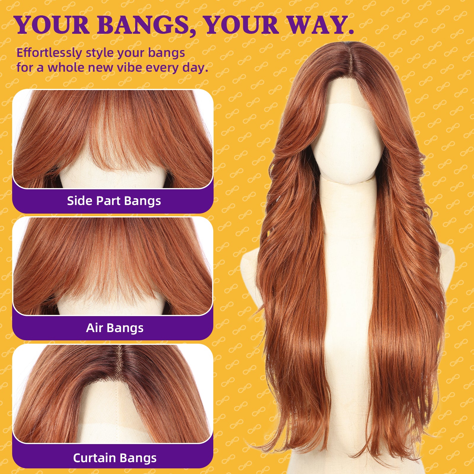 KOME Auburn Synthetic Lace Front Wig,T Part Glueless Layered Wavy Wigs With Bangs, Heat Resistant Wigs For Women Daily Party Use 26IN
