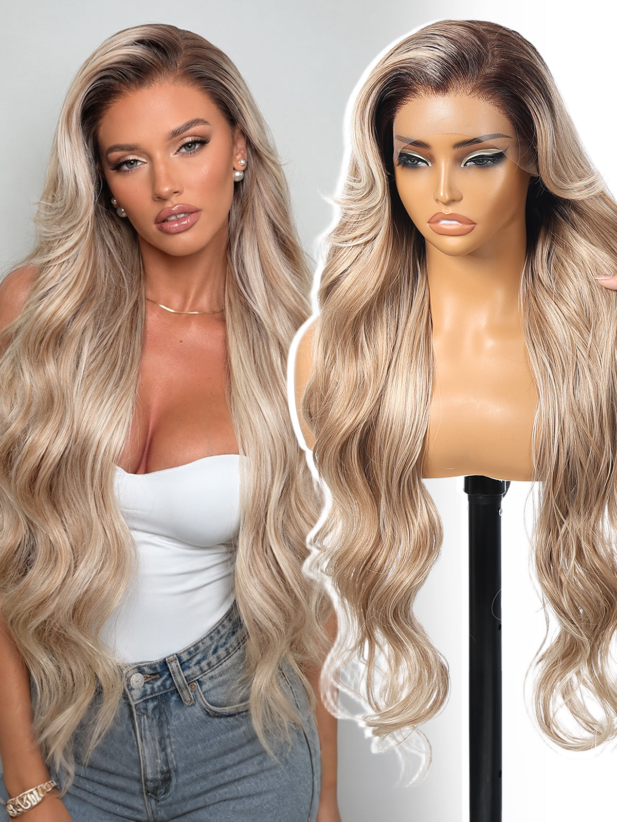 KOME Ombre Blonde Synthetic Lace Front Wig,13x4 HD Lace Glueless Long Body Wavy Curly Wigs for Women Daily Party Use 30IN(#K16B88)