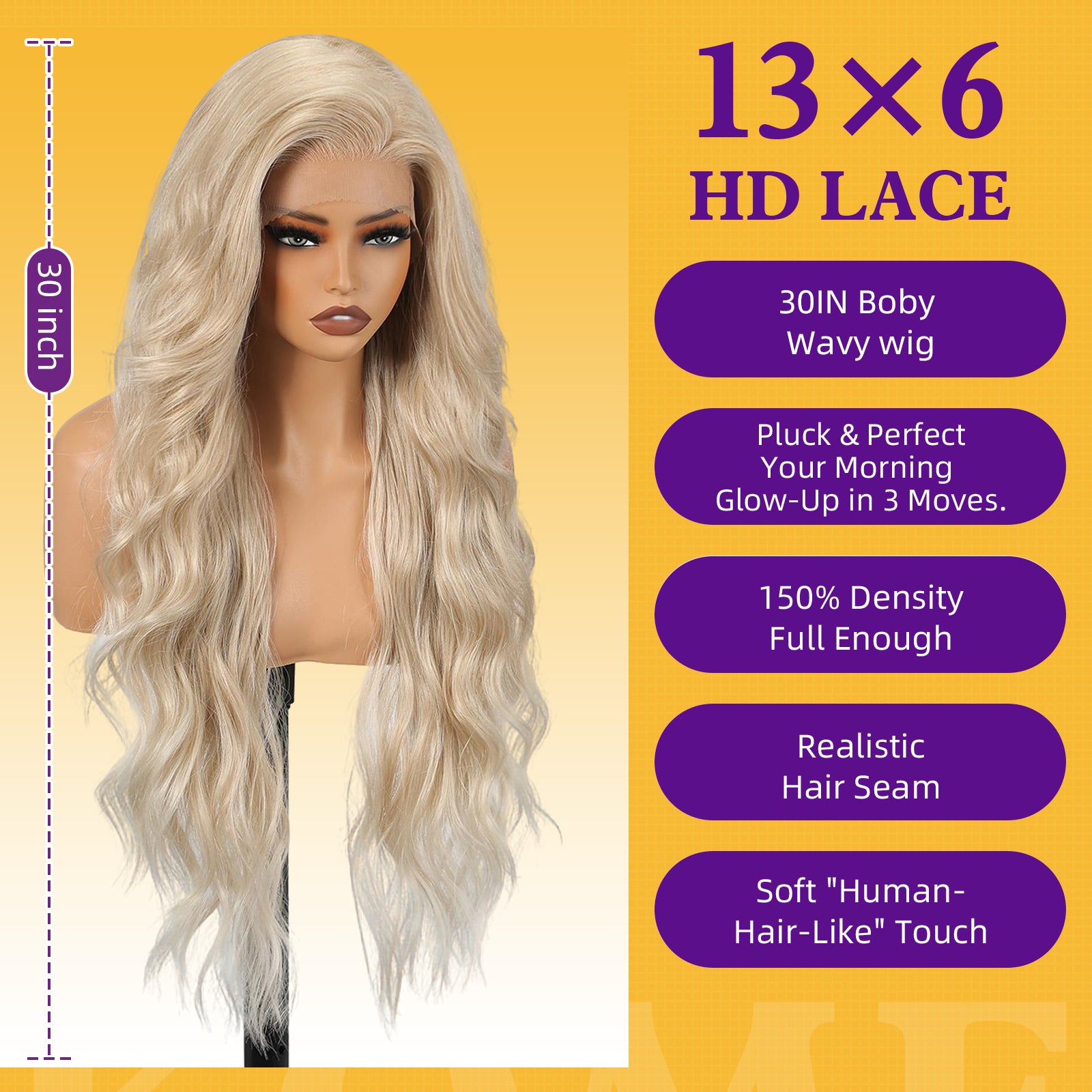 Blonde Synthetic Lace Front Wig,13×6 Curly Glueless Wigs for Women Daily Use 30IN