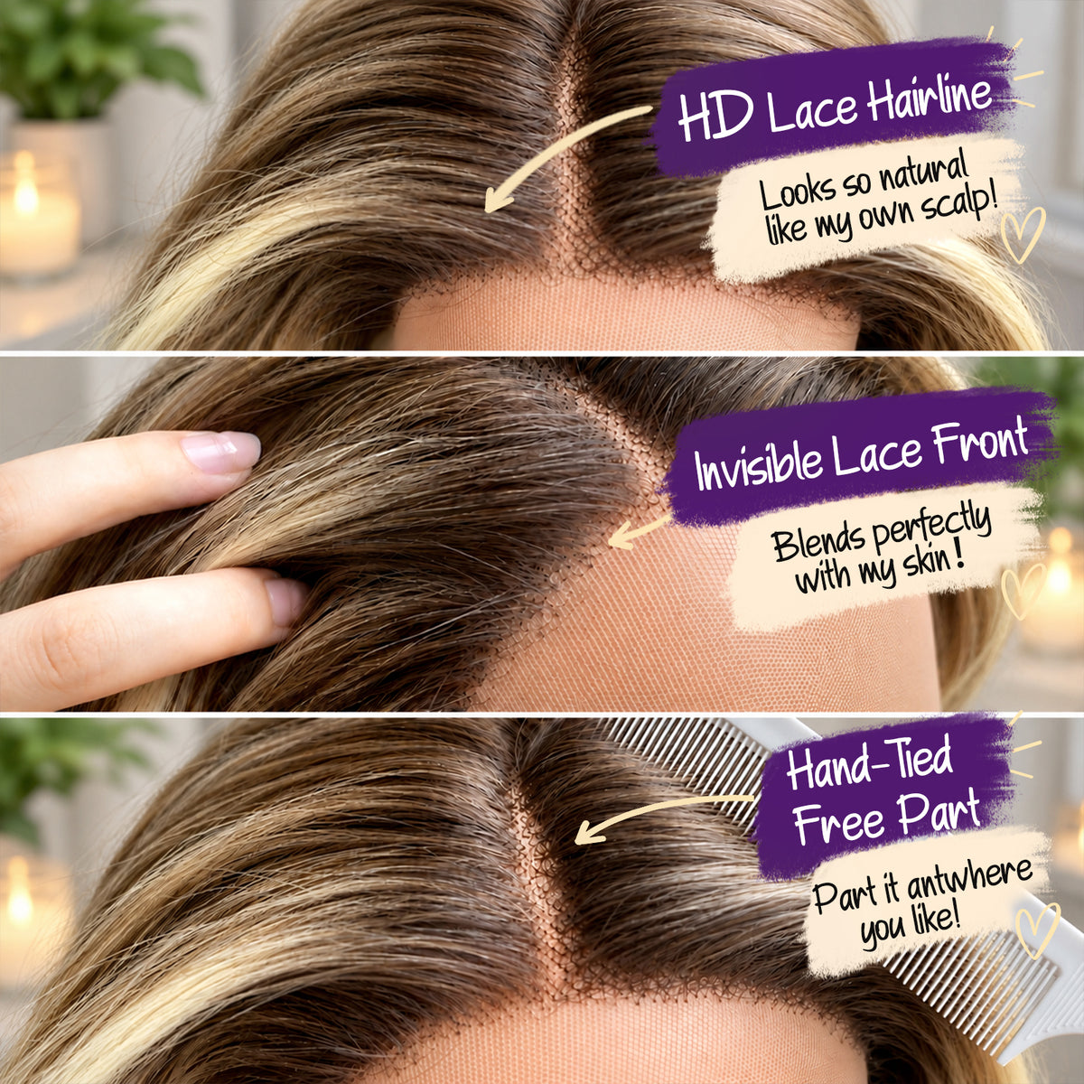 KOME Brown Highlight Synthetic Lace Front Wig,Shoulder Length Short Glueless Bob Wig,T Part Curly Lace Wigs for Women Daily Use 16IN