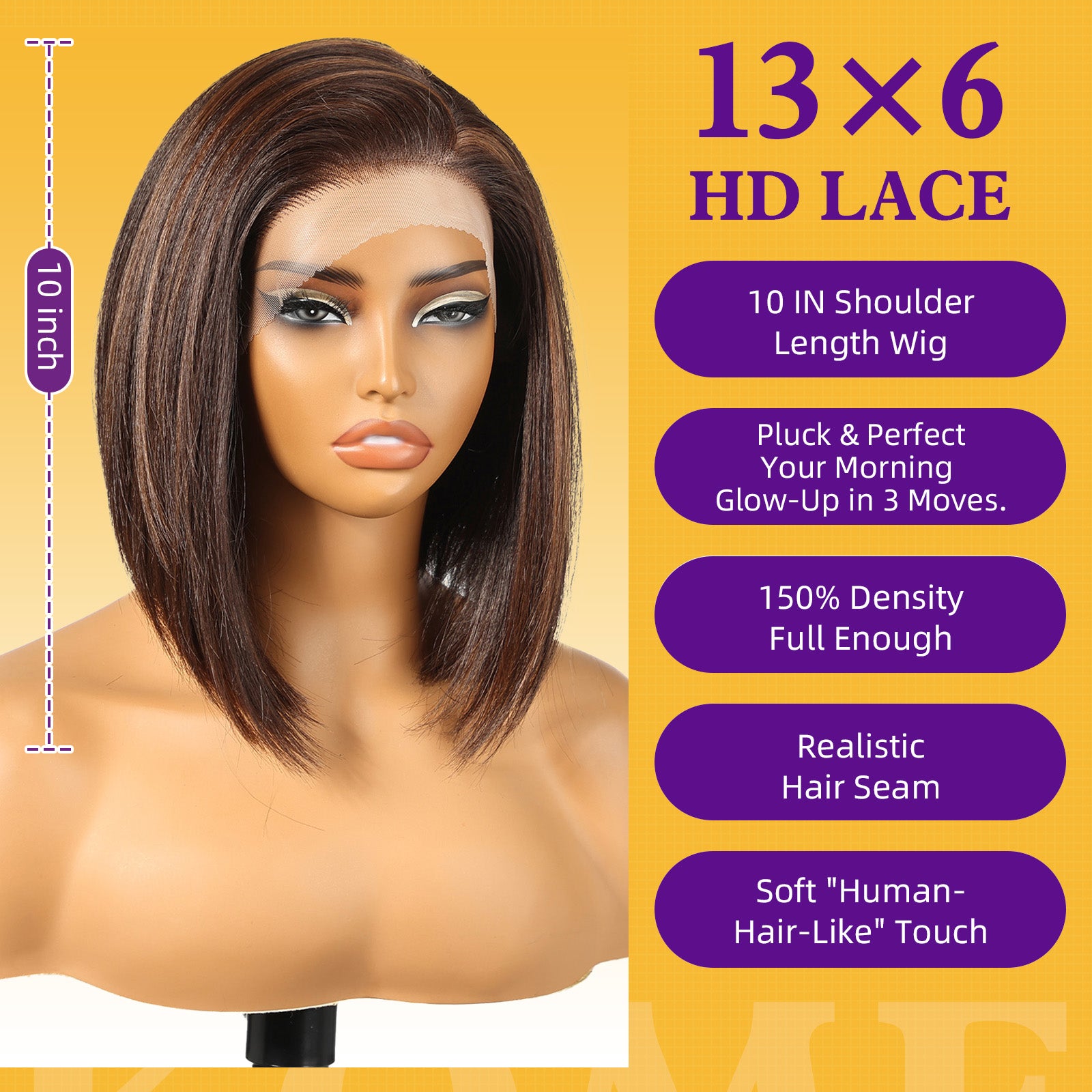 KOME Brown Highlight Synthetic Lace Front Wig,13×6 Short Straight Glueless Bob Wig for White Women Daily Use 10IN