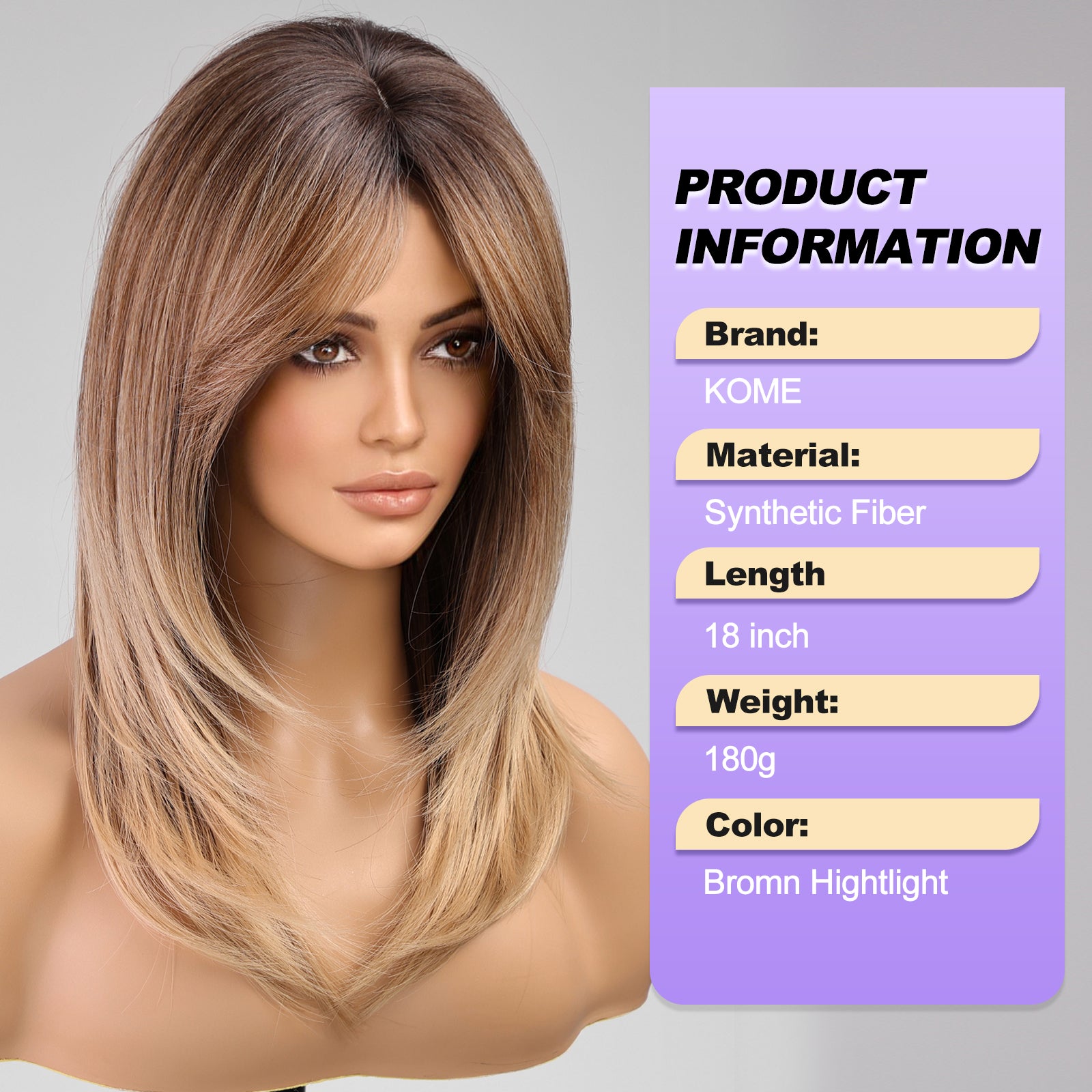 Brown Wigs for Women layered Straight Wig with Curtain Bangs Natural Synthetic Hair 18IN