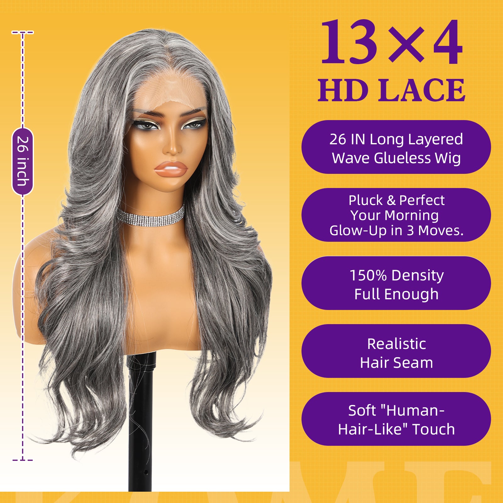 Grey Synthetic Lace Front Wig,13x4 HD Lace Long Layered Wave Glueless Wigs for Women Daily Use 26IN
