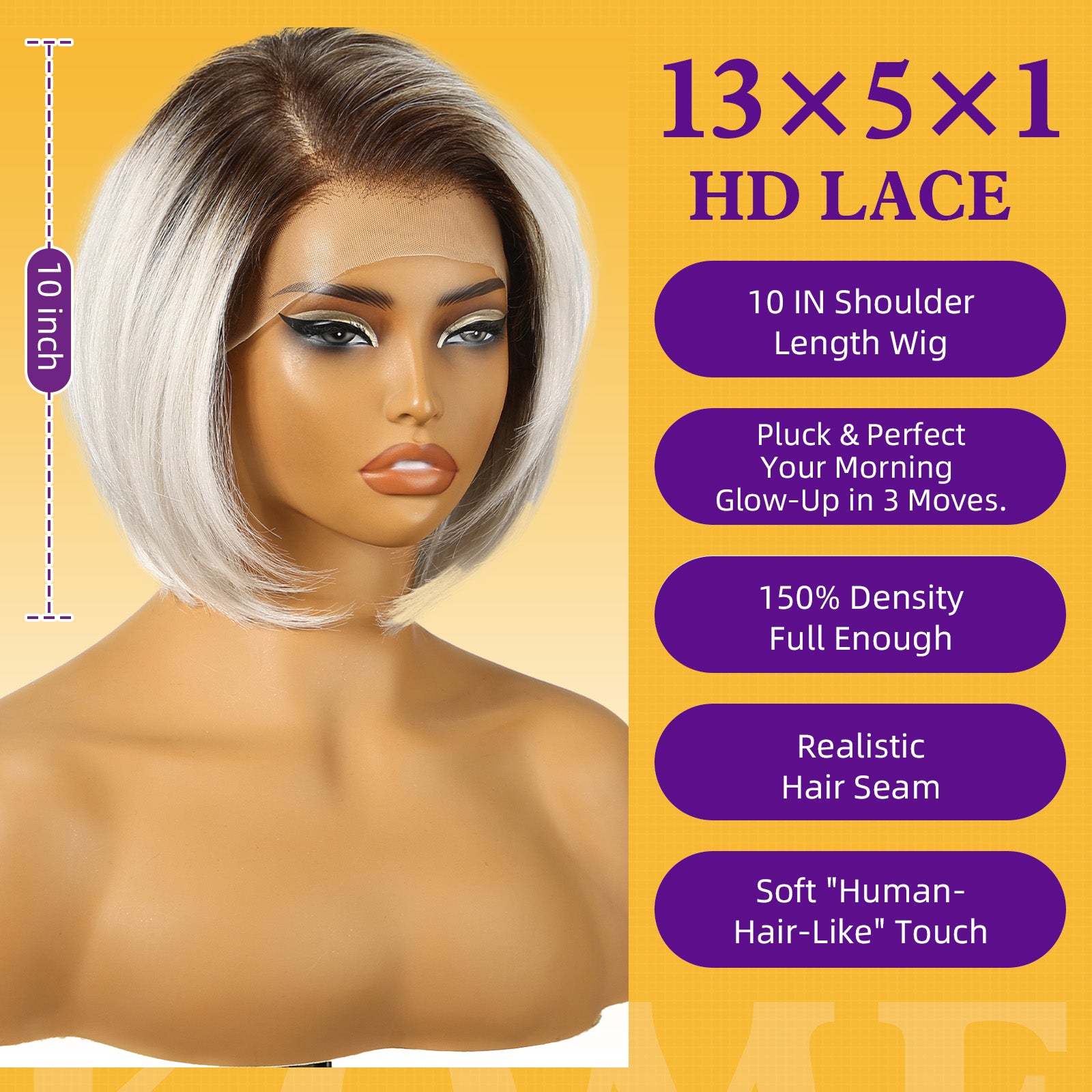 KOME Ombre Platinum Blonde Synthetic Lace Front Wig,Side Part Short Straight Glueless Bob Wig for White Women Daily Use 10IN (#TT6/1001GS)