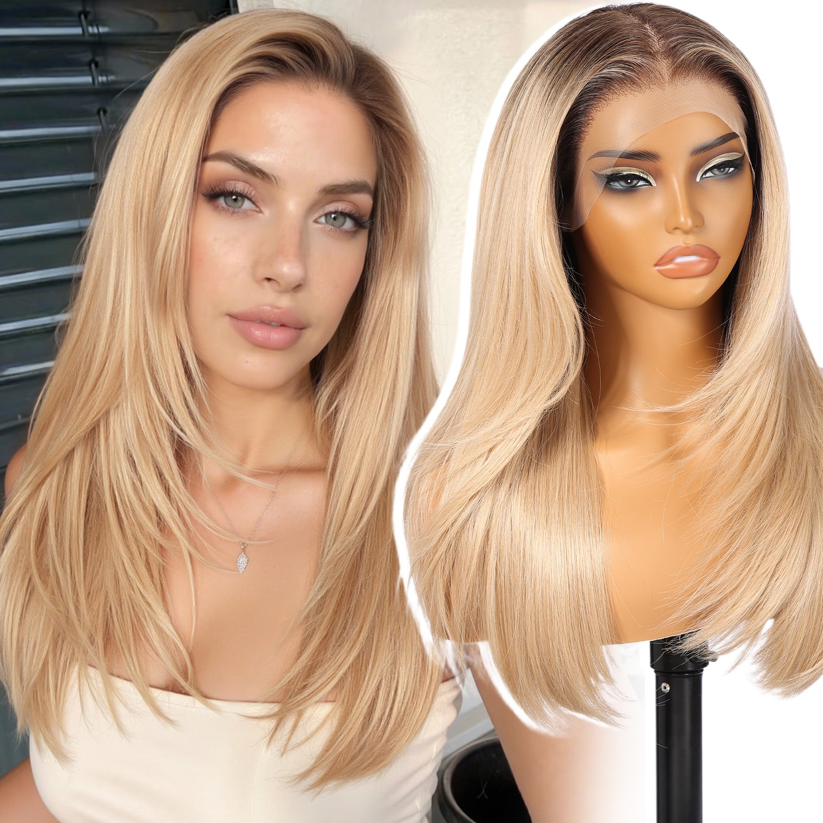 KOME Ombre Blonde Synthetic Lace Front Wig, 13X6 Long Straight Layered Glueless Wigs for Women Daily Use 22IN(#6/1062)