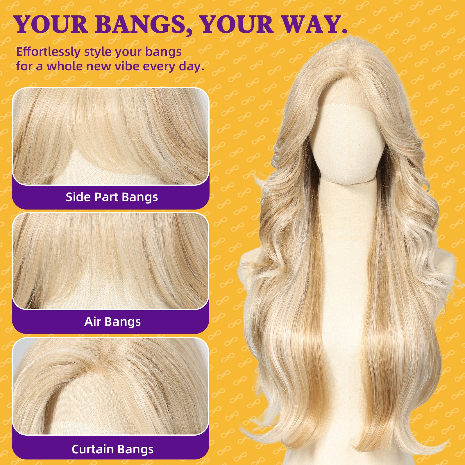 KOME Blonde Synthetic Lace Front Wig, T Part Glueless Layered Wavy Wigs With Bangs, Heat Resistant Wigs For Women Daily Party Use 26IN