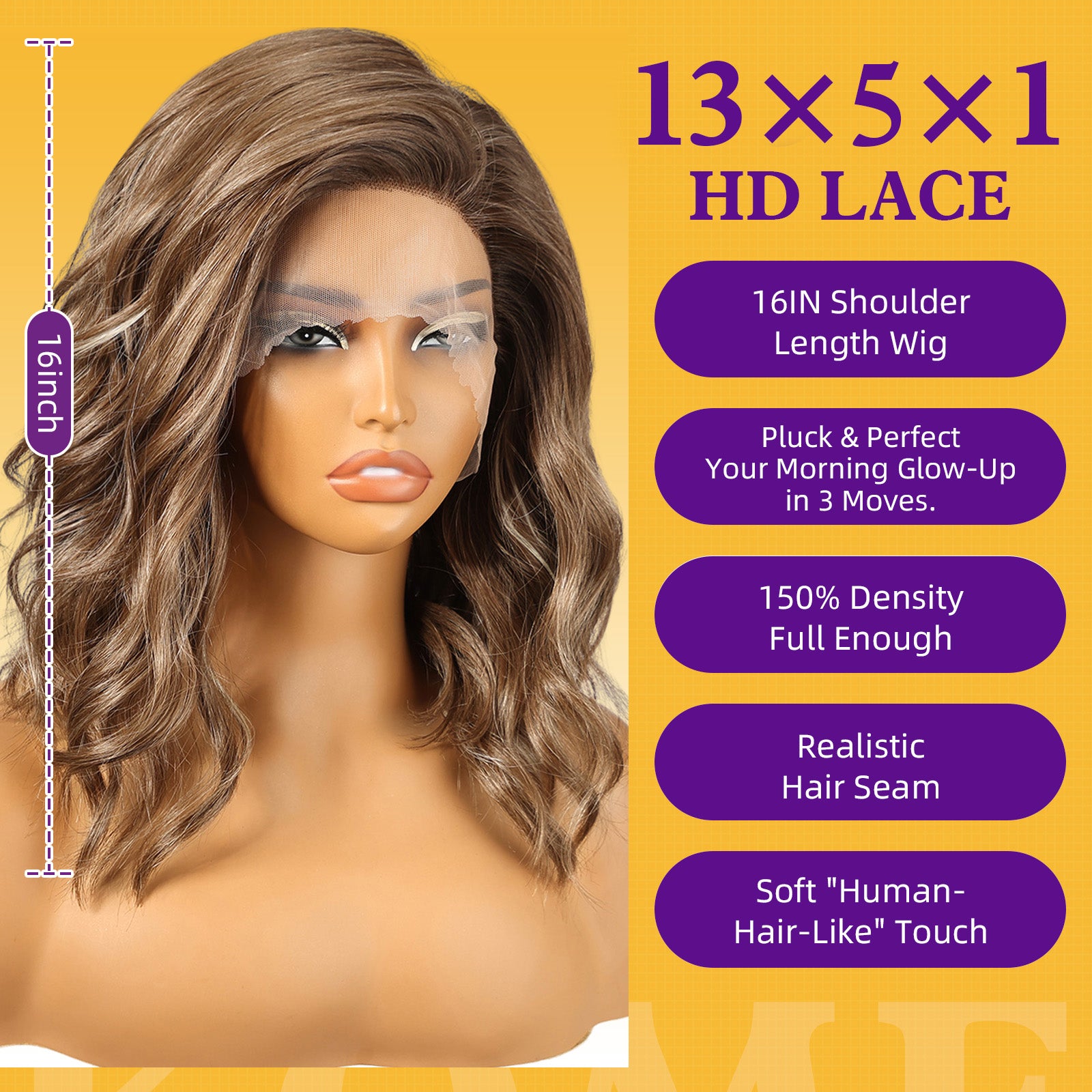 KOME Brown Balayage Synthetic Lace Front Wig,Short Curly Bob Wig,Shoulder Length Wig for Women Daily Use 14IN