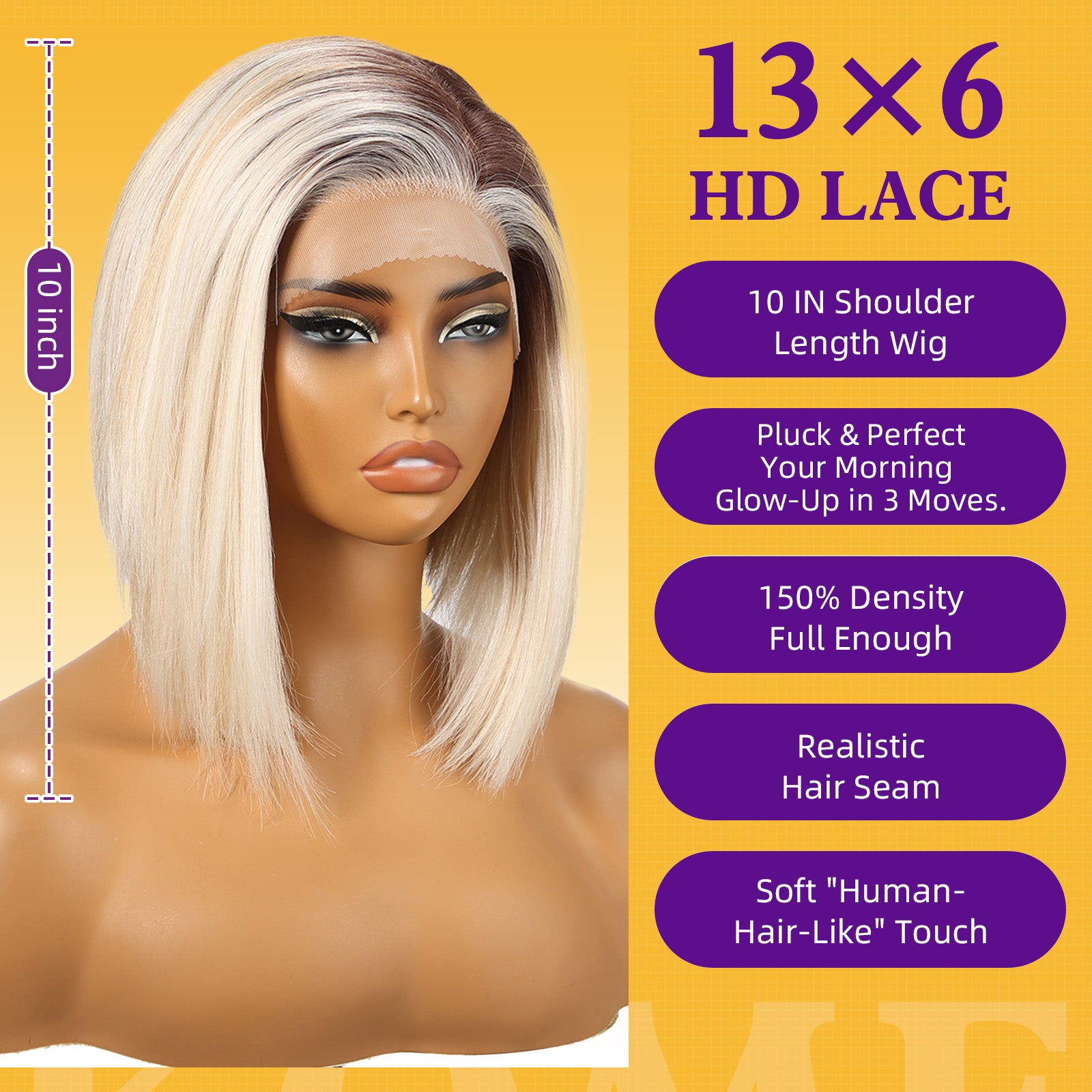 KOME Ombre Blonde Synthetic Lace Front Wig,13×6 Short Straight Glueless Bob Wigs for White Women Daily Use 10IN（TTF6/623）