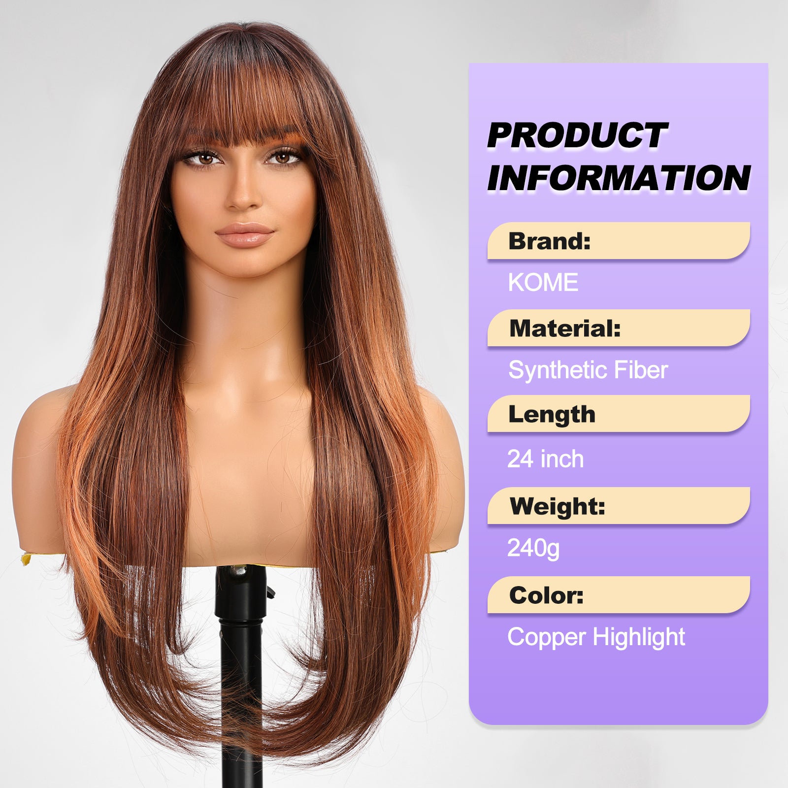 Auburn Long Straight Wig with Bangs,Copper Ginger Highlight Straight Hair Wigs for Women,Synthetic Heat Resistant Natural Looking Hair Wig for Party Cosplay Dality Use