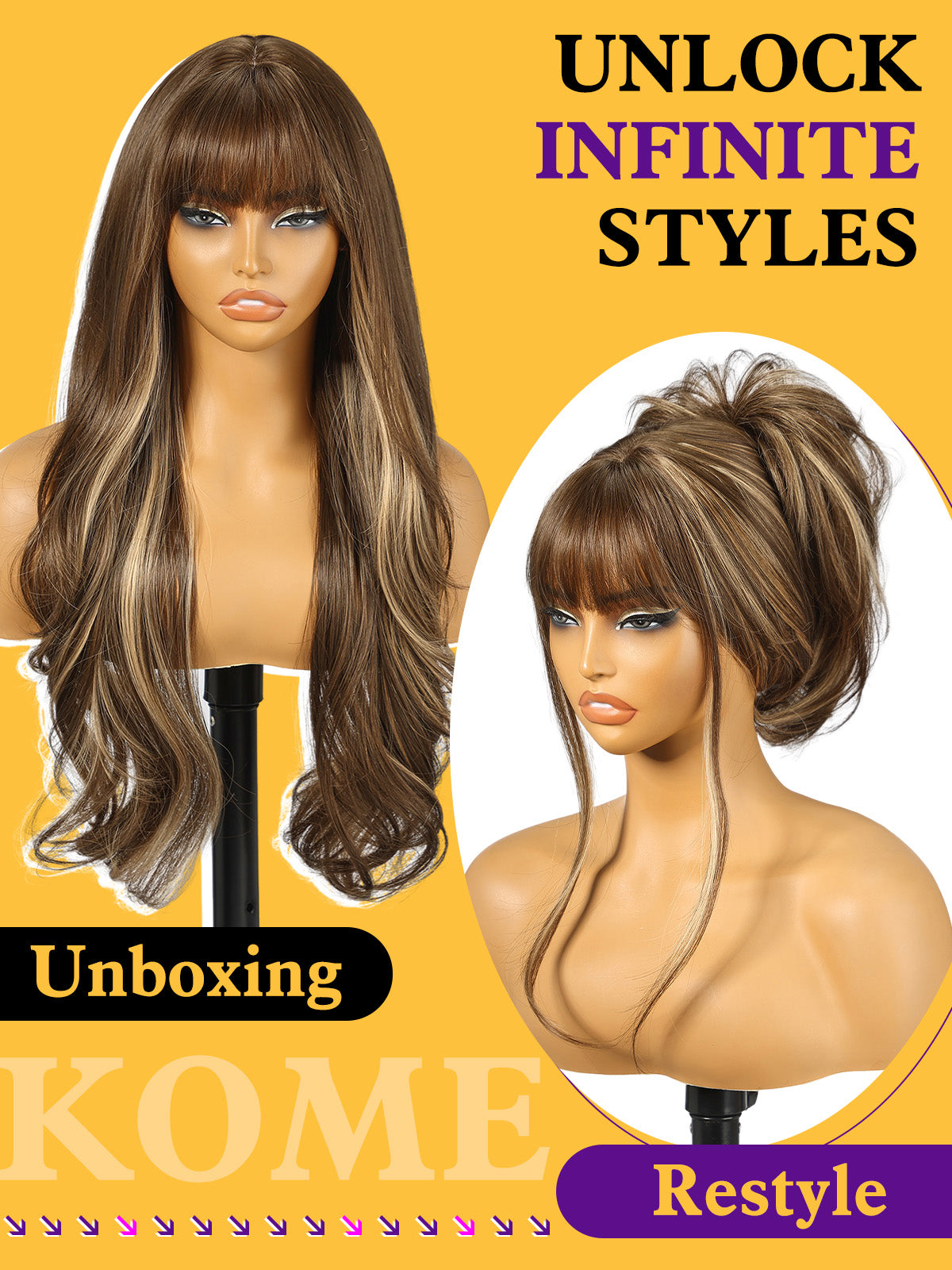 Brown Blonde Highlight Wigs with Bangs,Brown Layered Wig for Women,Long Wavy Wigs Synthetic Hair Wig for Party Daily Use 26IN