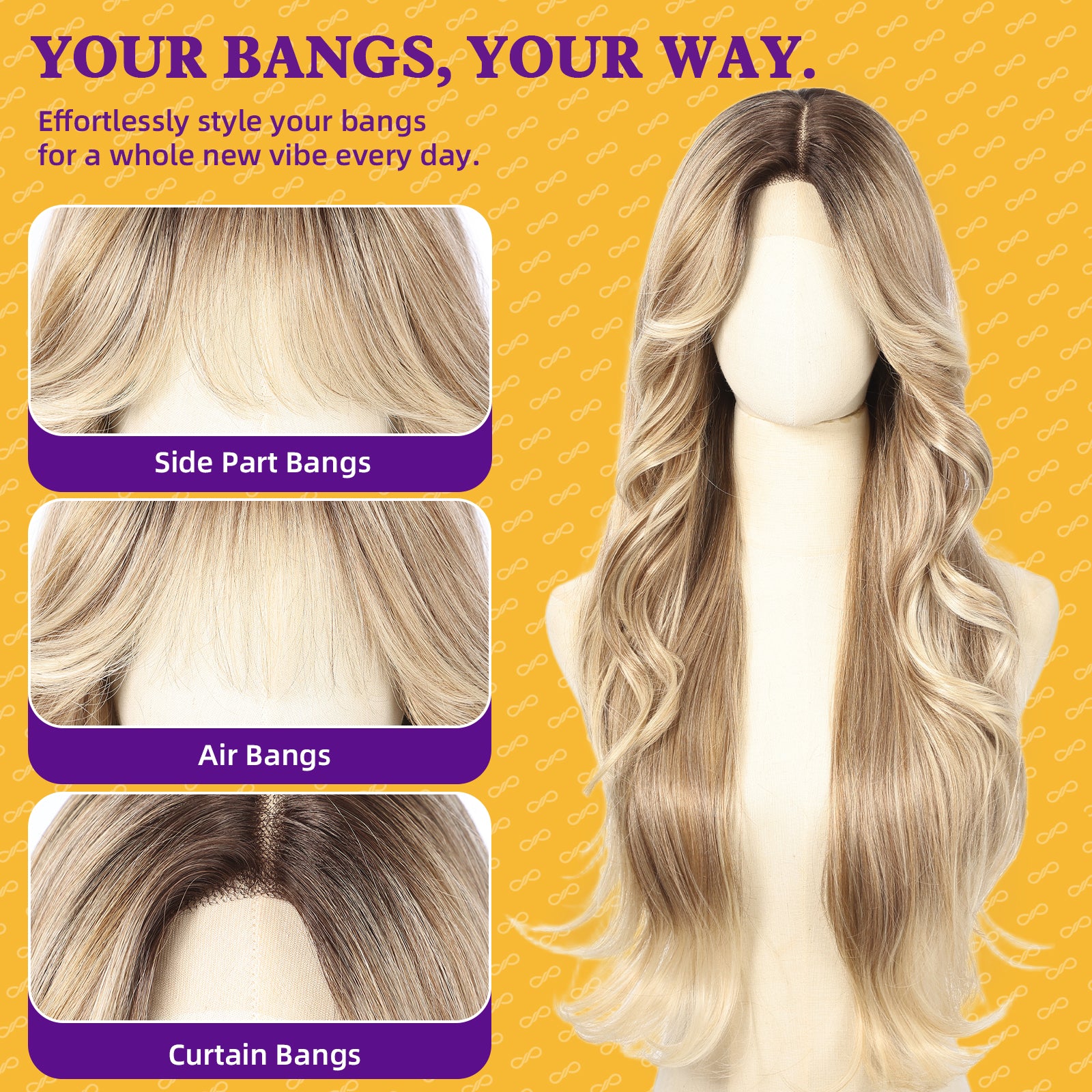 KOME Ombre Blonde Synthetic Lace Front Wig, T Part Glueless Layered Wavy Wigs With Bangs, Heat Resistant Wigs For Women Daily Party Use 26IN