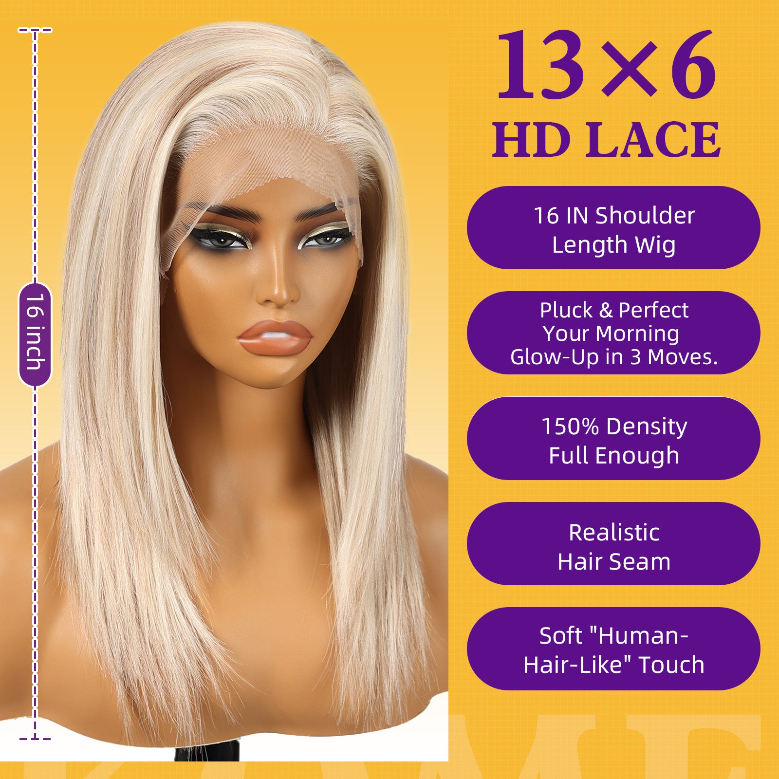 KOME Blonde Synthetic Lace Front Wig, Shoulder Length 13x6 HD Lace Layered Straight Glueless Wigs for Women Daily Use 16IN