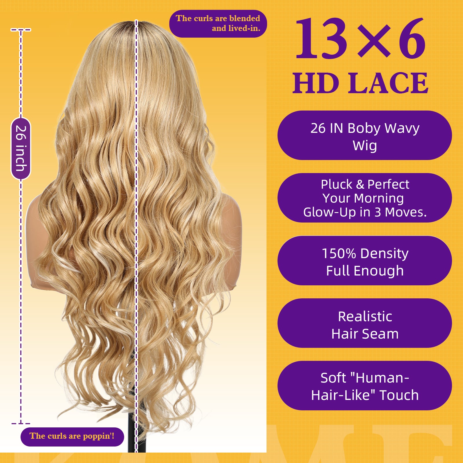 Ombre Blonde Synthetic Lace Front Wig,13×6 Curly Glueless Wigs for Women Daily Use 26IN（#TT6/251001）