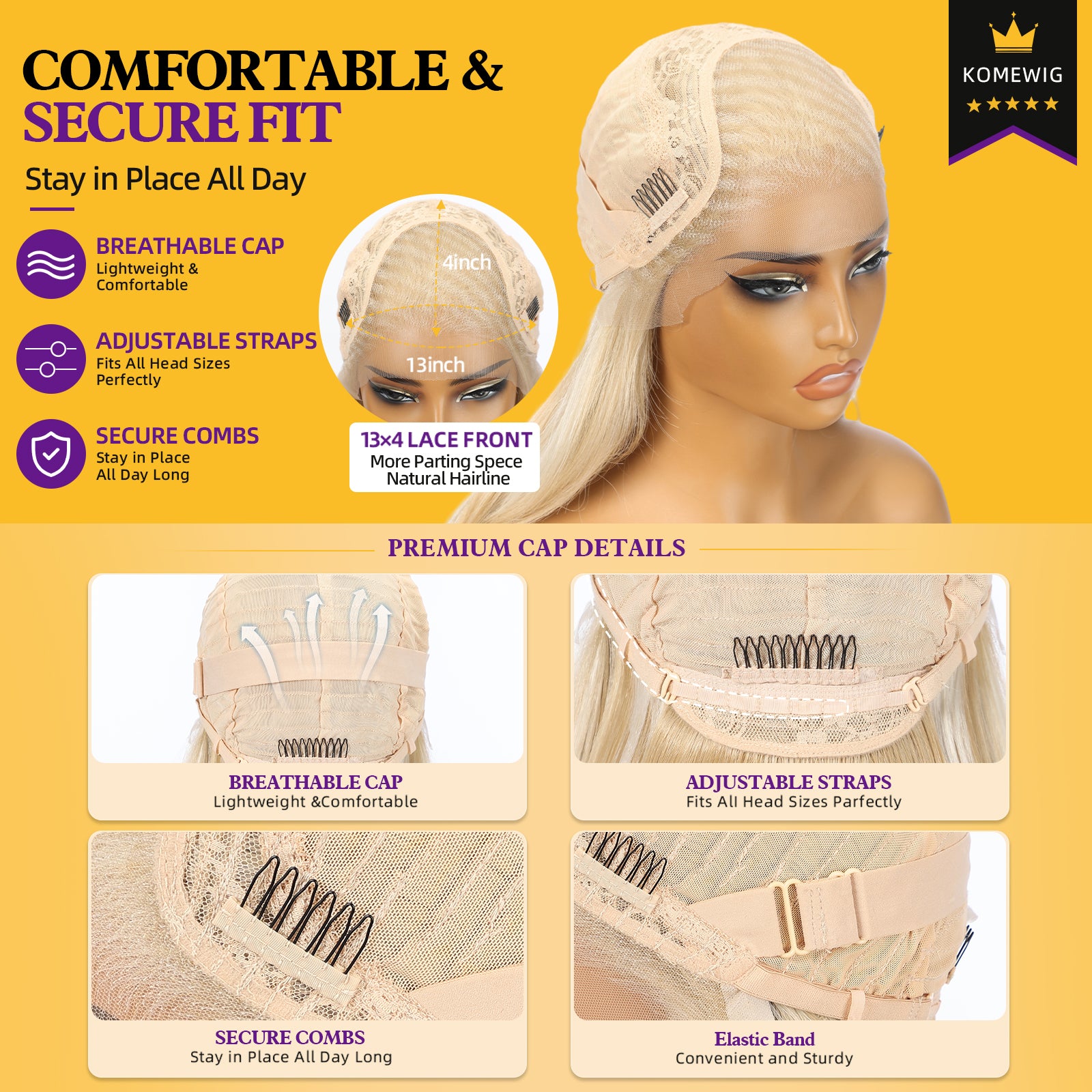 KOME Ombre Blonde Synthetic Lace Front Wig, 13X4 HD Lace Glueless Long Layered Straight Wigs for Women Daily Use 20IN （#TT6/1603）