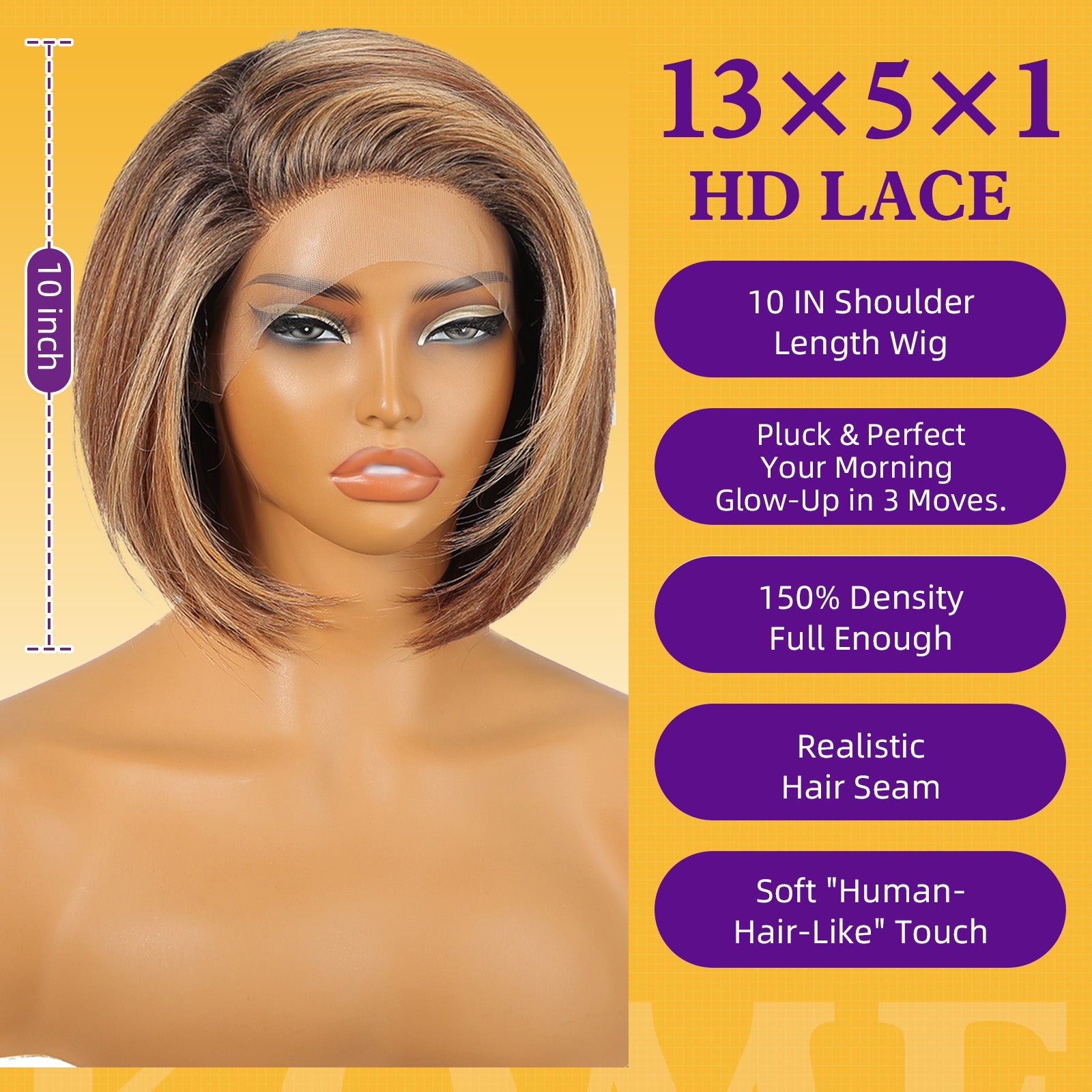 KOME Brown mix Blonde Highlight Synthetic Lace Front Wig,Side Part Short Straight Glueless Bob Wig for White Women Daily Use 10IN (#TT4/243)